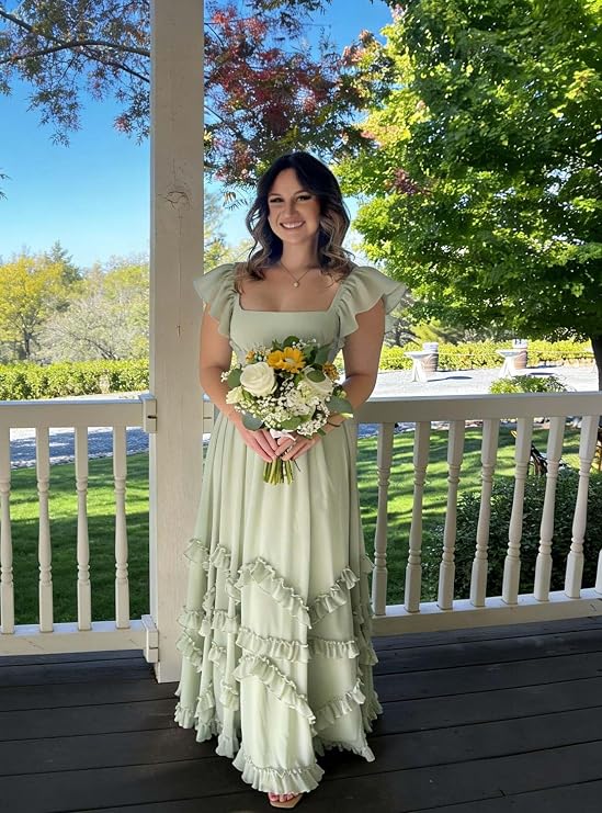 Tiered Chiffon Bridesmaid Dresses for Women with Slit Square Neck A Line Long Formal Maxi Dress