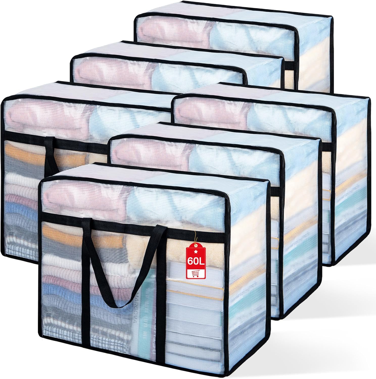 6 Pack Clear Blanket Storage Bags, 60L Plastic Comforter Clothes Storage Bags Underded Moving Bags Closet Organizers and Storage Zippered Sturdy Handle for Bedding, Clothes, Linen, Toys, Quilt, Duvet