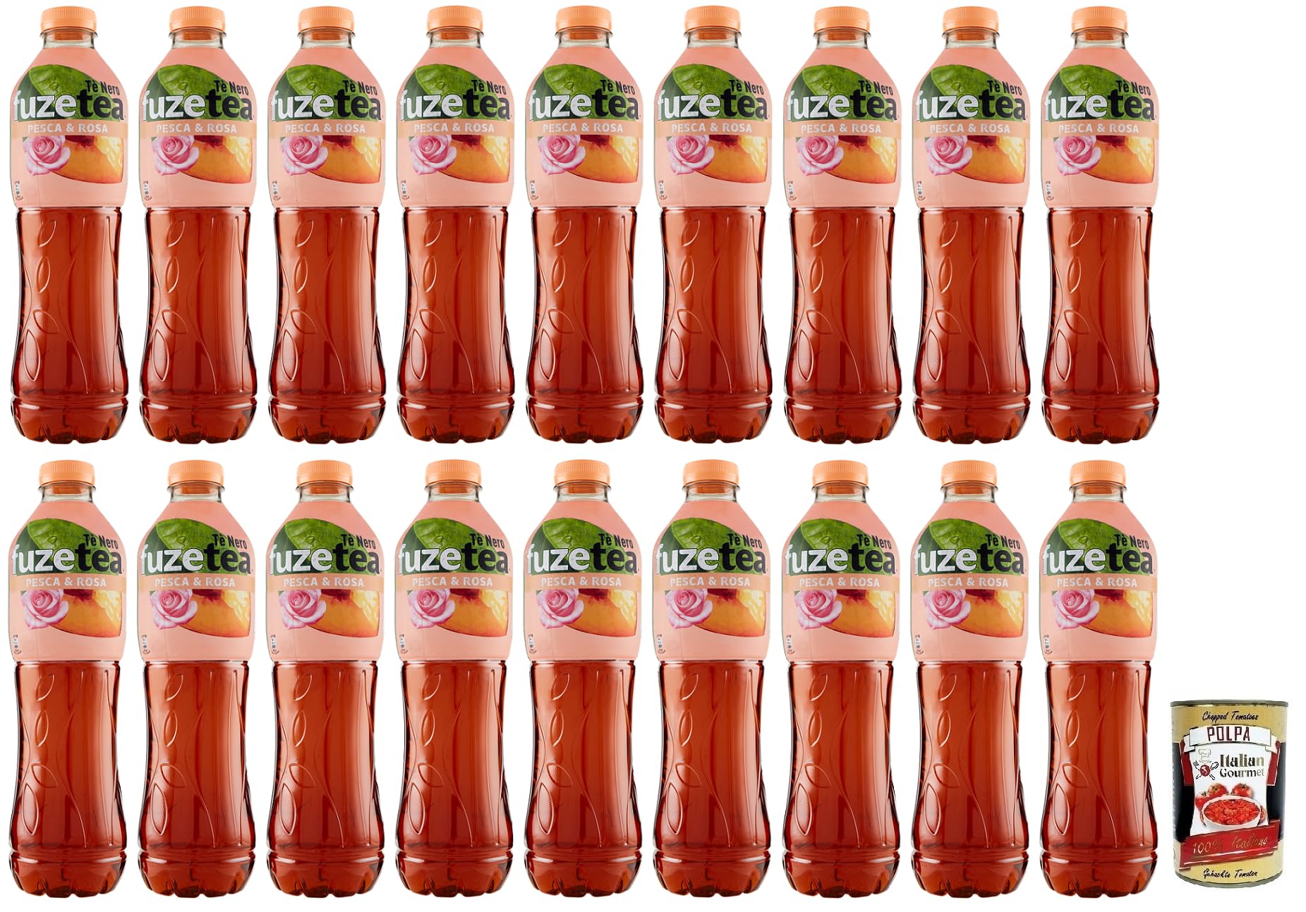 Fuze Tea Pesca, 18 unidades, té negro, melocotón y rosas, refrescante, sin alcohol, botella de PET desechable de 1,25 L + lata italiana gourmet Polpa di Pomodoro de 400 g