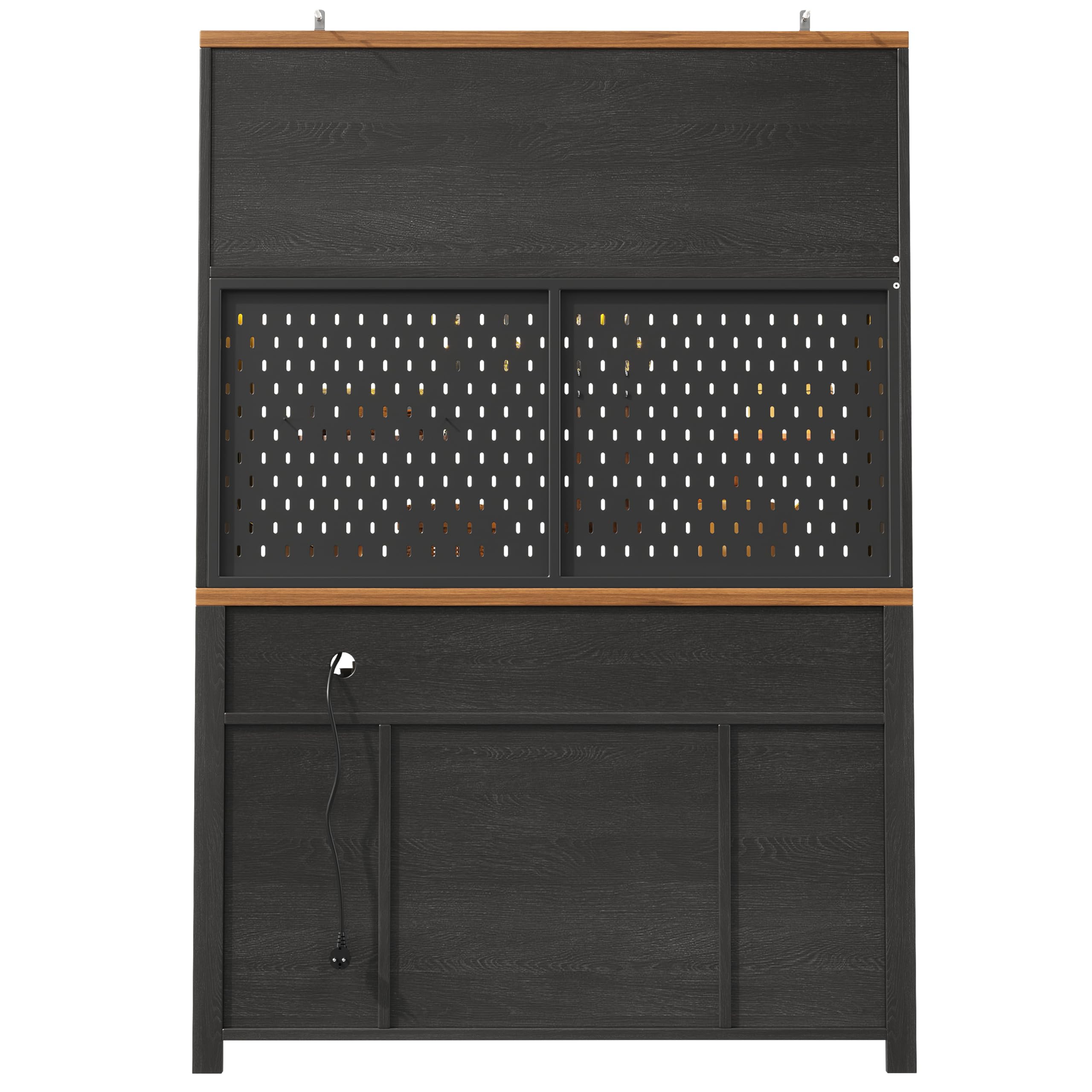 Buffet de Cuisine Haut 174,5 cm avec Plan de Travail, LED RGB, USB et Prise Intégrée, Panneau Perforé, Portes Coulissantes et Rangements Multifonctions, Noir-1