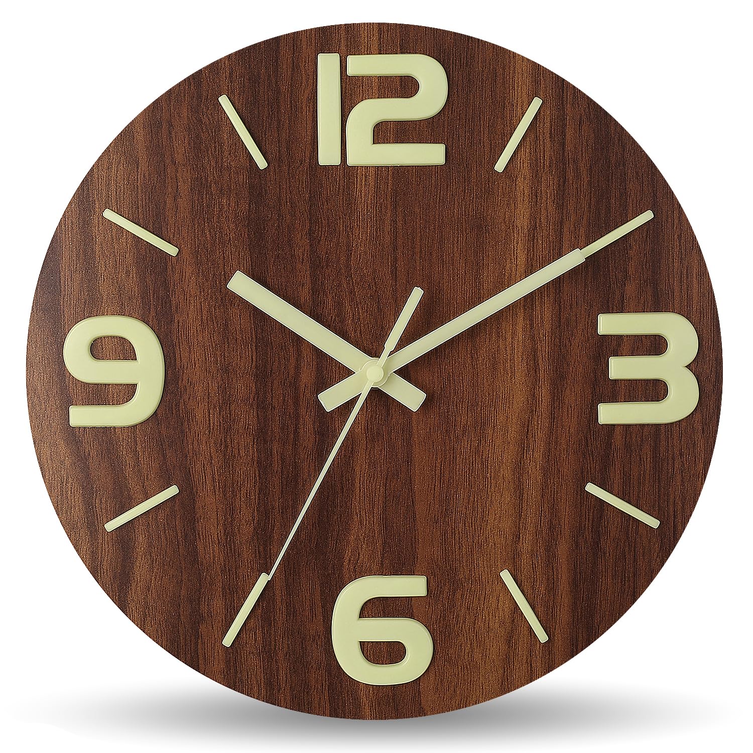 HZDHCLH Wood Wall Clock Glow in The Dark,Luminous Wall Clocks with 3D Numbers,Decorative Wall Clock Battery Operated for Bedroom Kitchen Living Room Office (Brown)