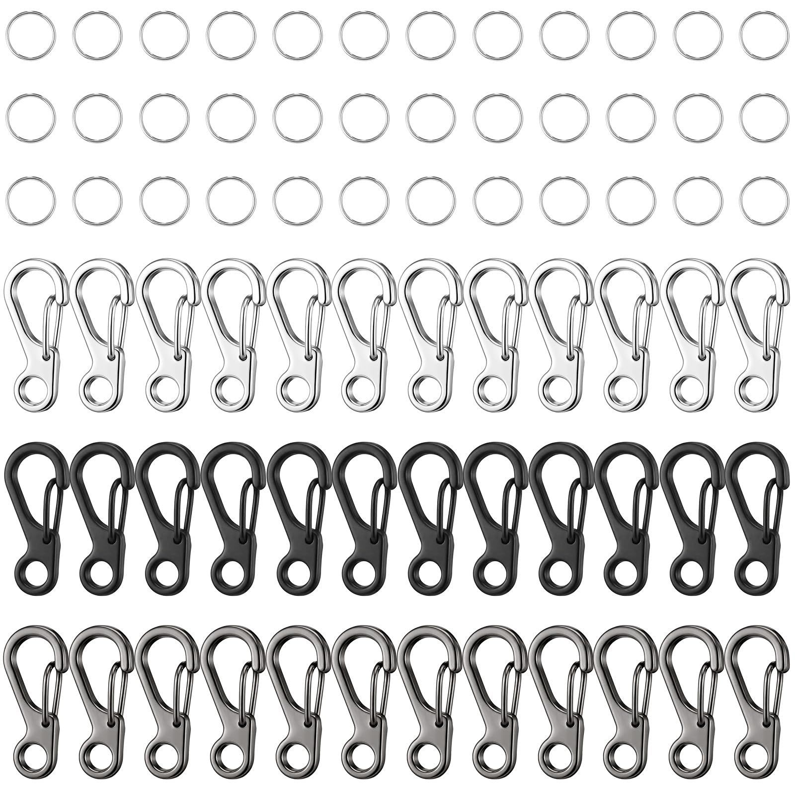 36 sztuk mini karabińczyków, małe karabińczyki, 1,4 cm, breloczek do kluczy z 36 sztukami 1 cm kółek na klucze do kluczy, plecaka, wędkowania, kempingu, wędrówek na świeżym powietrzu (3 kolory)