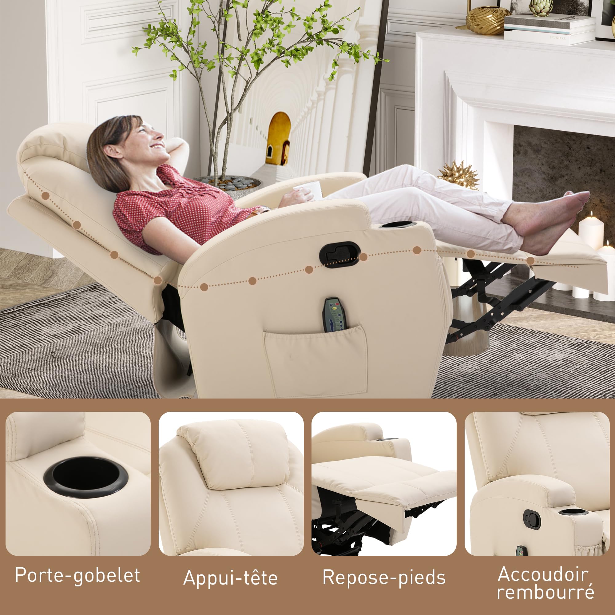 HOMCOM Fauteuil de Massage inclinable, Bascule et pivotant à 360°, Fauteuil de Relaxation, Dossier et Repose-Pieds réglable manuellement, télécommande, Porte-gobelets et Poches latérales, crème