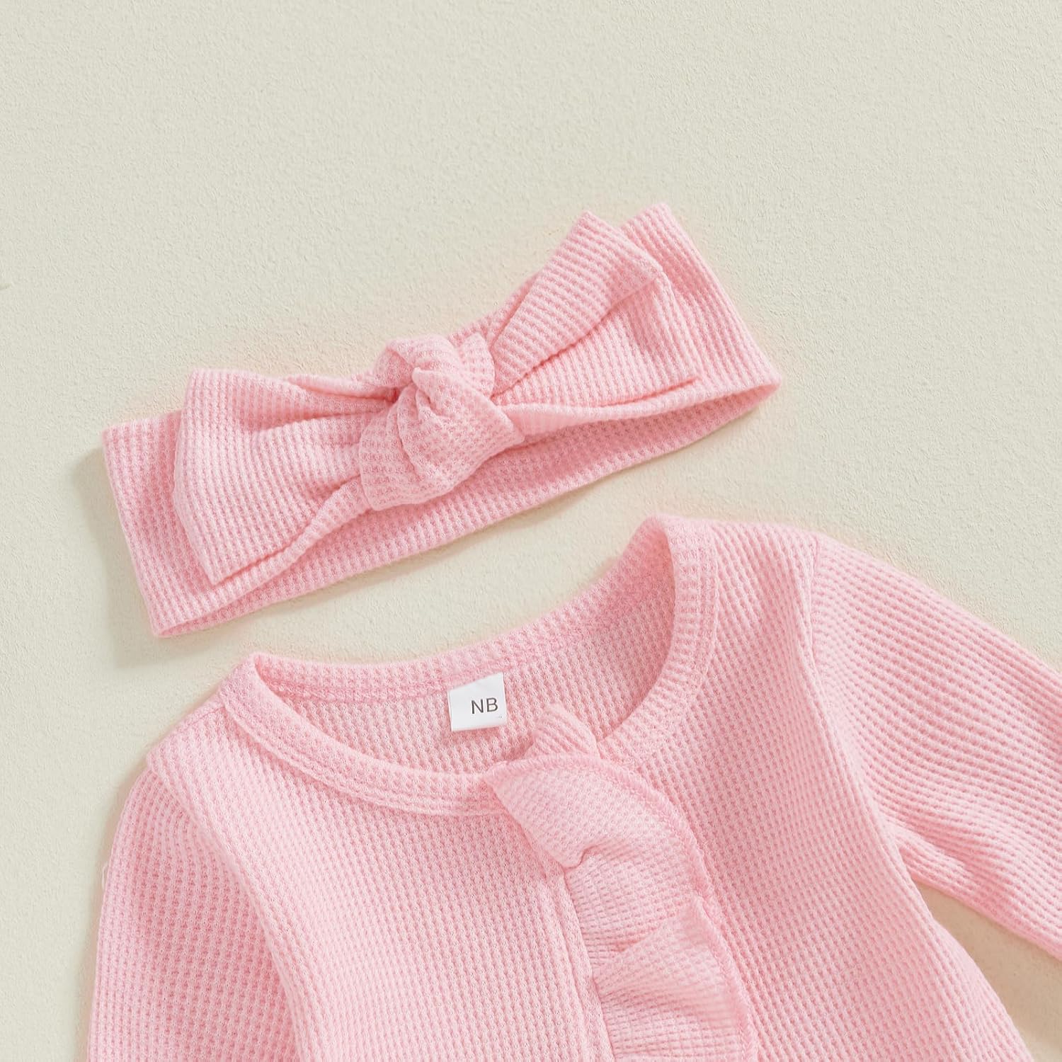 Newborn Baby Romper Infant Girl One-piece Outfit Waffle Ruffle Zip Footie Spring Summer Clothes With Bow Headband - Image 2