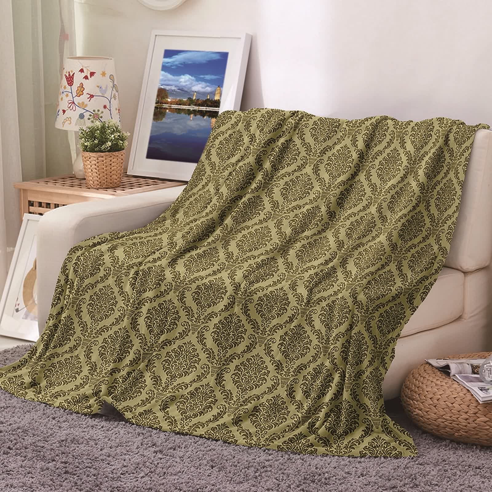 Plaid polaire en flannel KnSam 180x240cm à motif floral vintage jaune et vert pour canapé