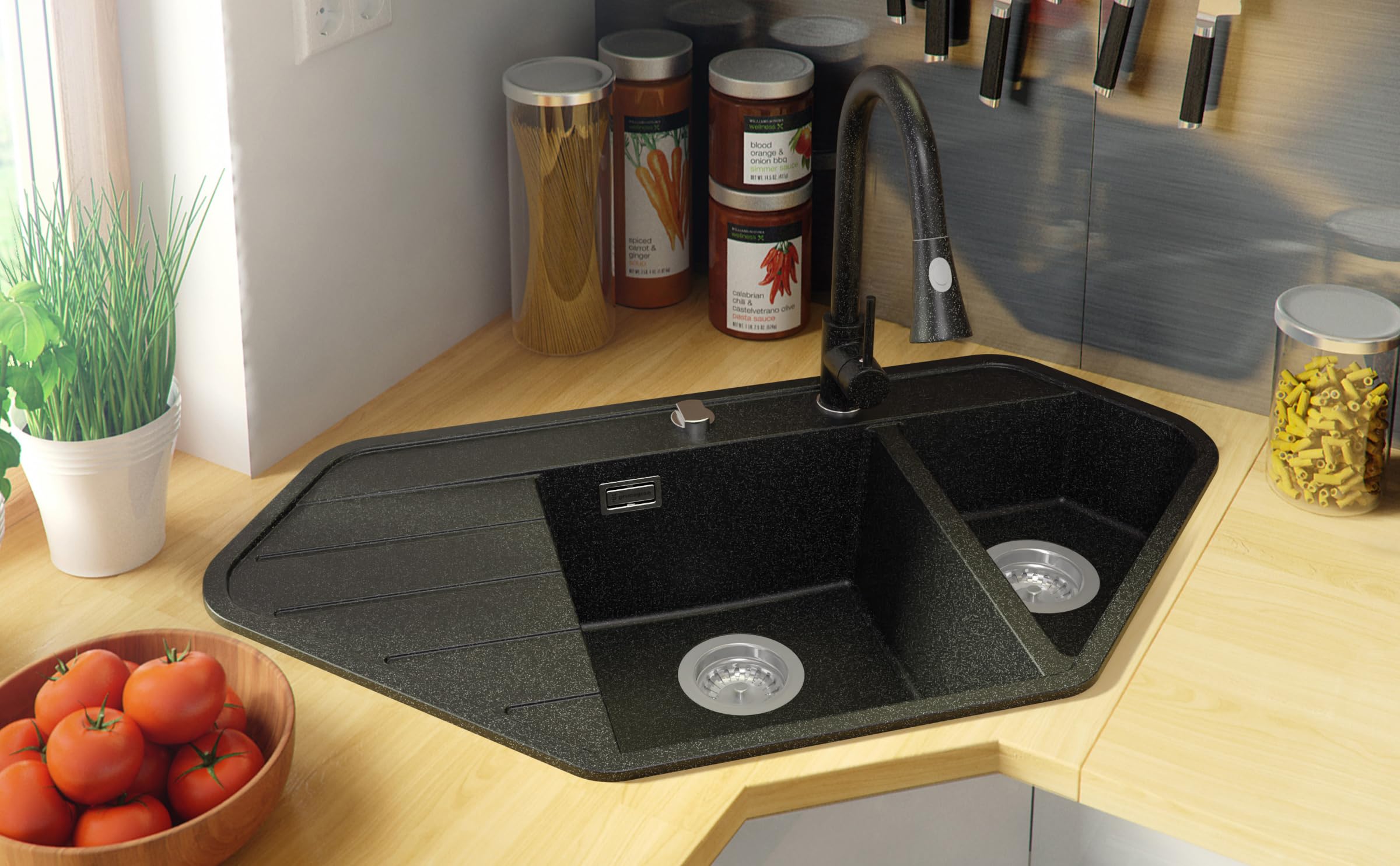 PRIMAGRAN Evier Cuisine en Granit Graphite 90x50cm, Lavabo 1,5 bacs + Kit de Vidage, Évier à Encastrer au Meuble 70cm - Copenhague S003