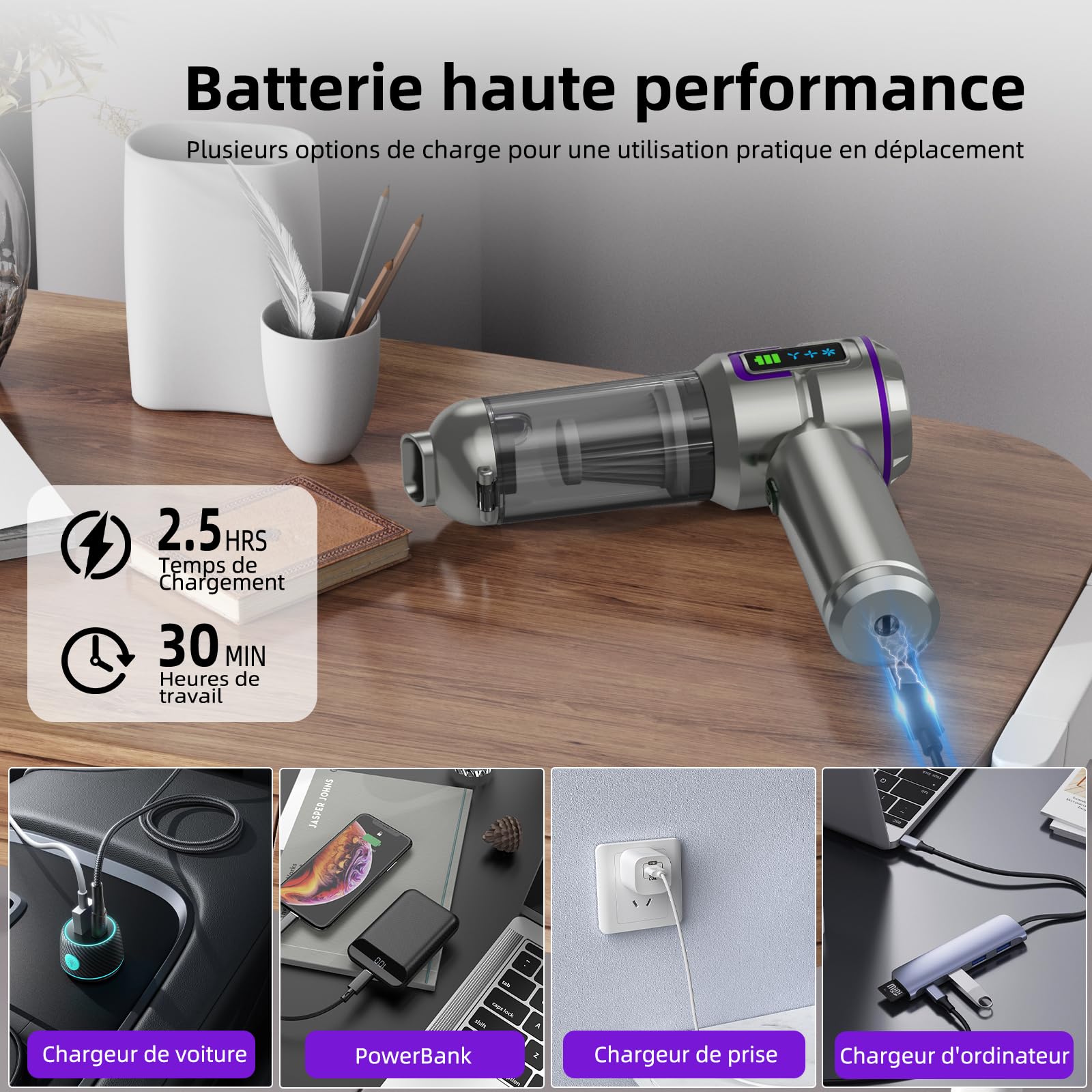 Aspirateur à Main, 25000Pa Aspirateur de Voiture Puissant avec Écran, 4-en-1 Vidage Automatique 1 Touche Aspirateur, Moteur sans Balai avec 3 Vitesses pour Maison/Bureau/Voiture/Poils, Argenté