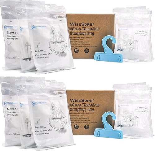 Miniatura 1 de Bolsas colgantes de repuesto para absorber la humedad, paquete de 24 paquetes (7 onzas cada una) de papel absorbente de humedad con 12 ganchos,