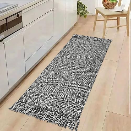 Collive Alfombra de pasillo de cocina, 2 x 4.3 pies, tejida a mano, reversible, lavable, alfombra de algodón gris, moderna alfombra de baño para
