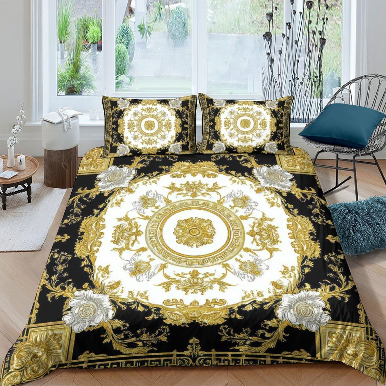 Ctjqhvkz Style-7 3D Printed Baroque Floral Fitted Sheet Microfiber Black Gold Mandala Mattress Cover For Bedroom Decor Home Use Single（135X200cm）