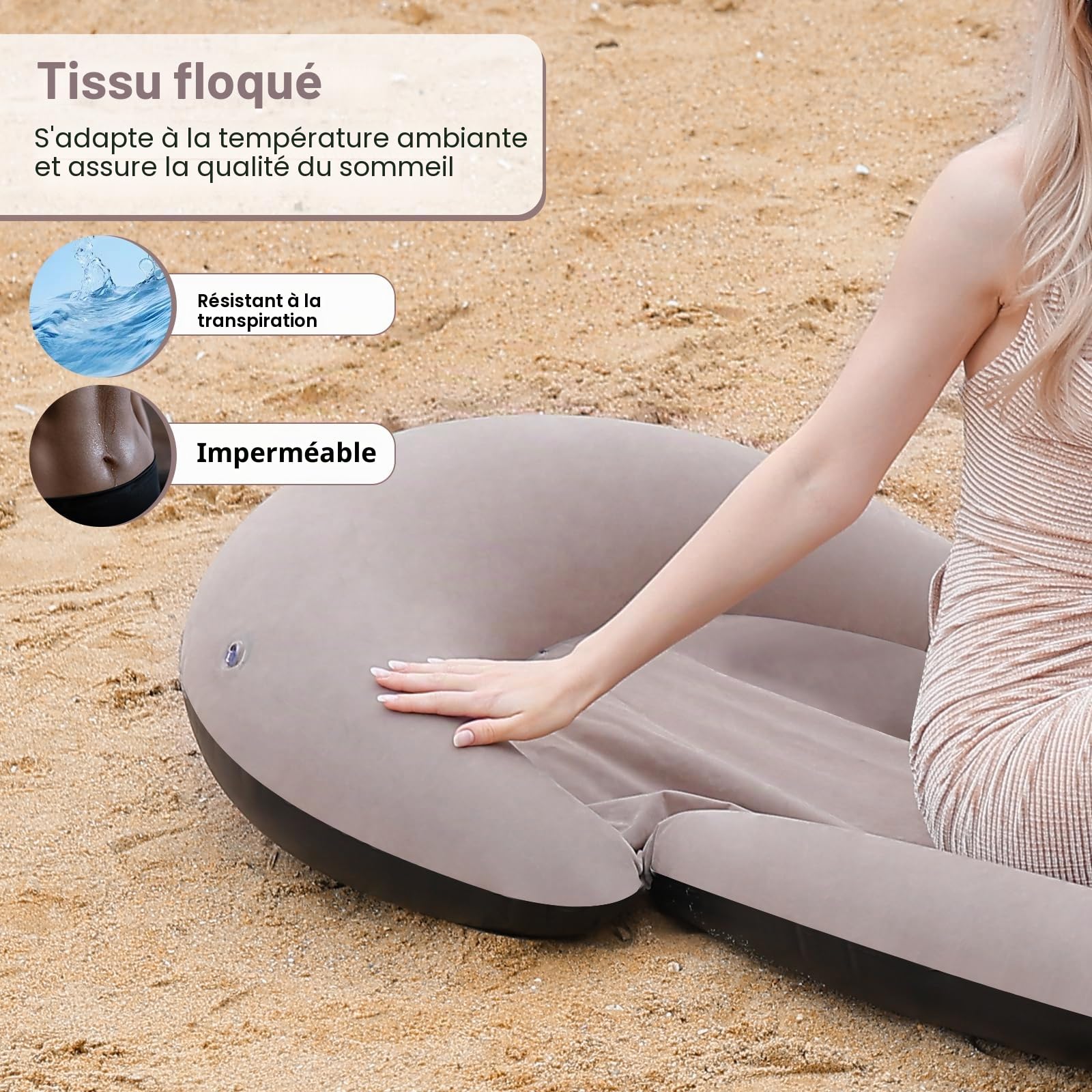 ROUSKY Tapis de plage gonflable, 178 x 79 cm, surface floquée, coussin surround (kaki)