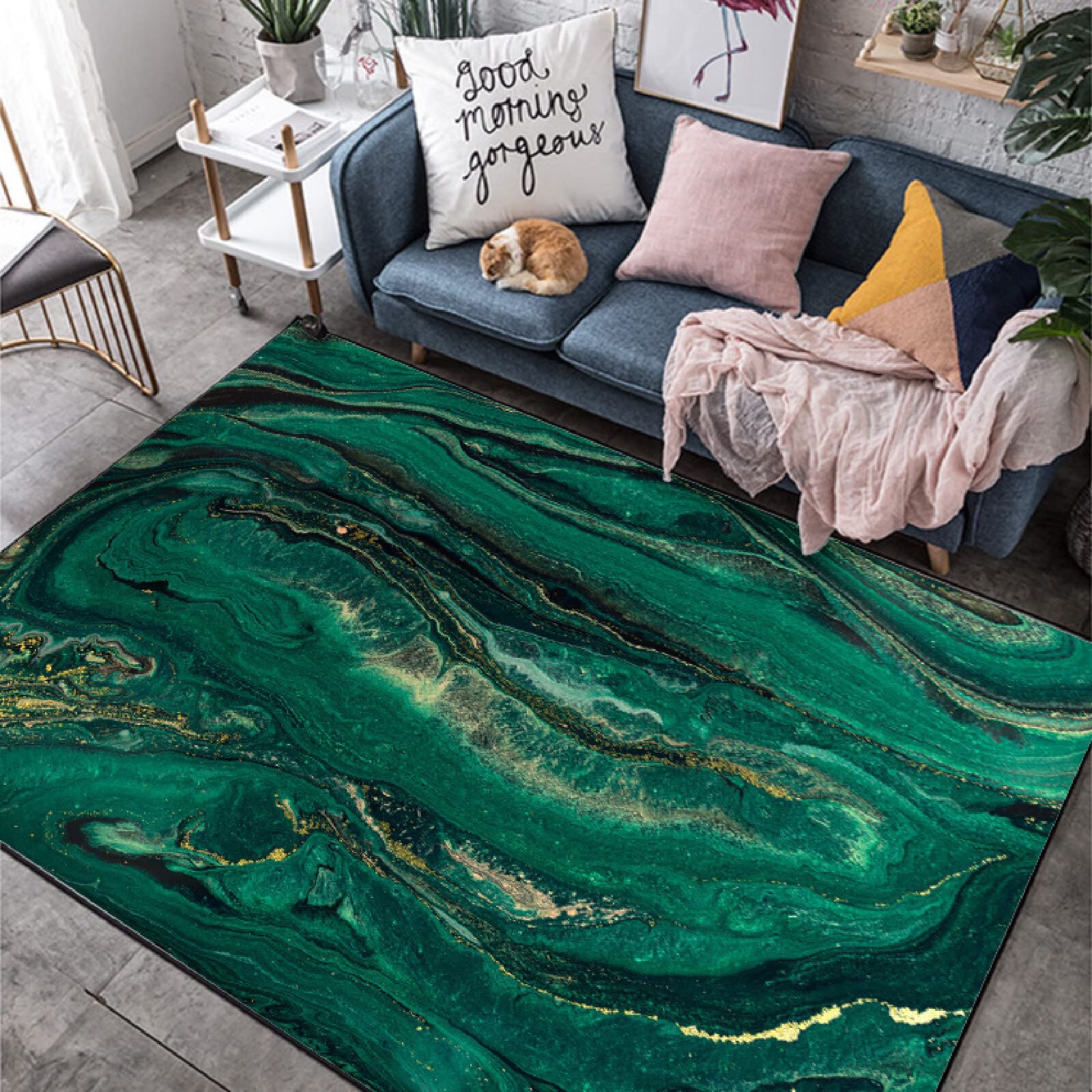 Tapis grande surface 160x280 cm émeraude et or antidérapant contemporain pour salon