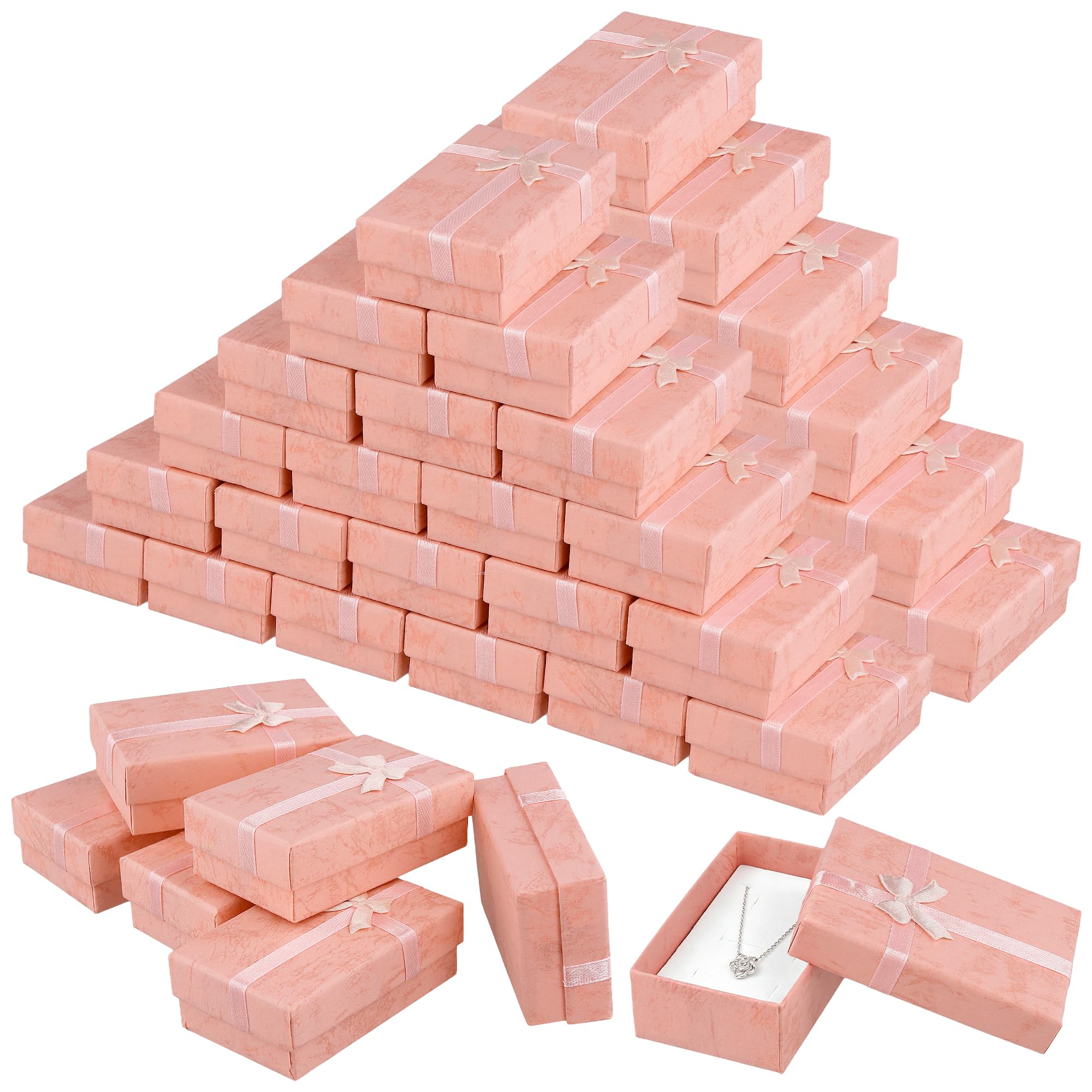 Cheungr Pink 50Pcs Jewelry Gift Boxes Bulk, 8X5x3cm Small Cardboard Jewelry Boxes With Lids And Bowknot For Packaging Jewellery Ring Earring Necklace,