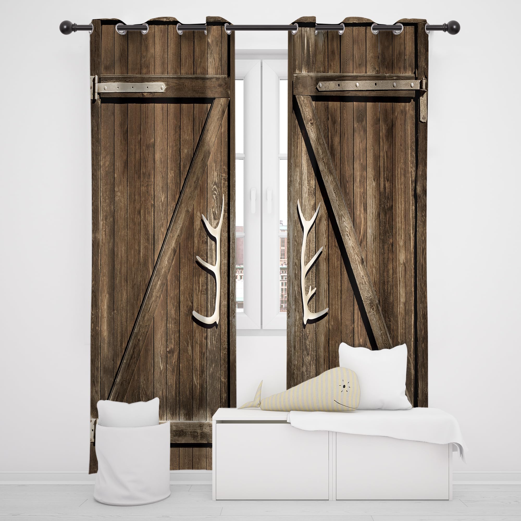 Cinbloo Farmhouse Blackout Curtains 52W x 84L Inch Grommet Sliding Door Curtains Rustic Brown Western Country Wood Farmhouse Vintage Cabin Art Printed