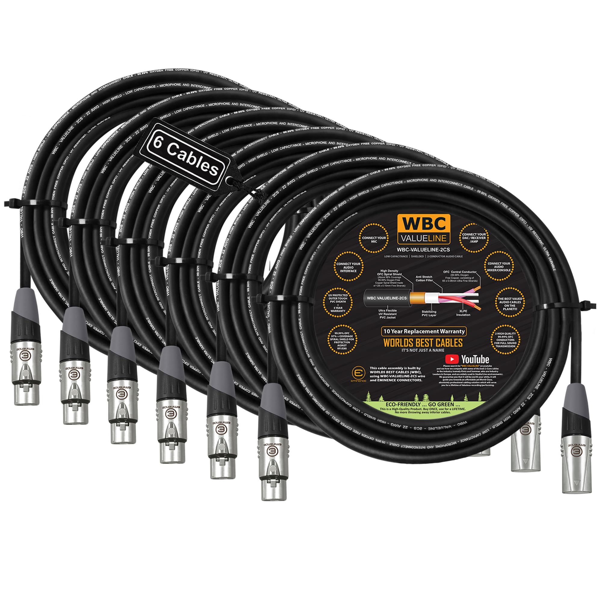 WBC-VALUELINE-2CS (22 AWG) - 6 Units - 10 Foot–Low-Capacitance Shielded Balanced Flexible Microphone, Active-Speaker & Interconnect Cables with