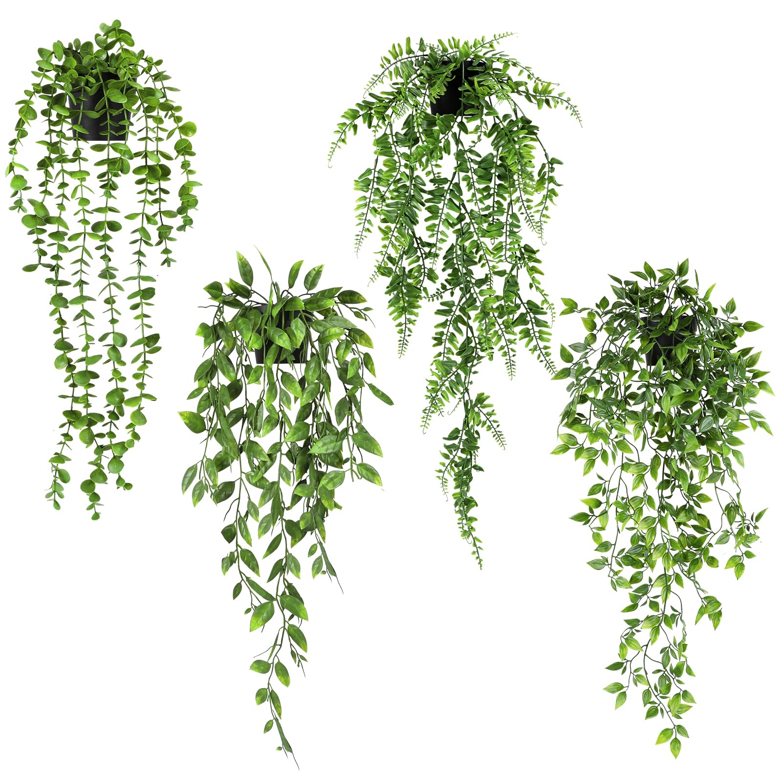 JPSOR 4pcs Artificial Hanging Plants, Fake Hanging Plants Potted Greenery Persian Fern Fake Plants in Pot for Wall Room Patio Office Table Shelf Decor