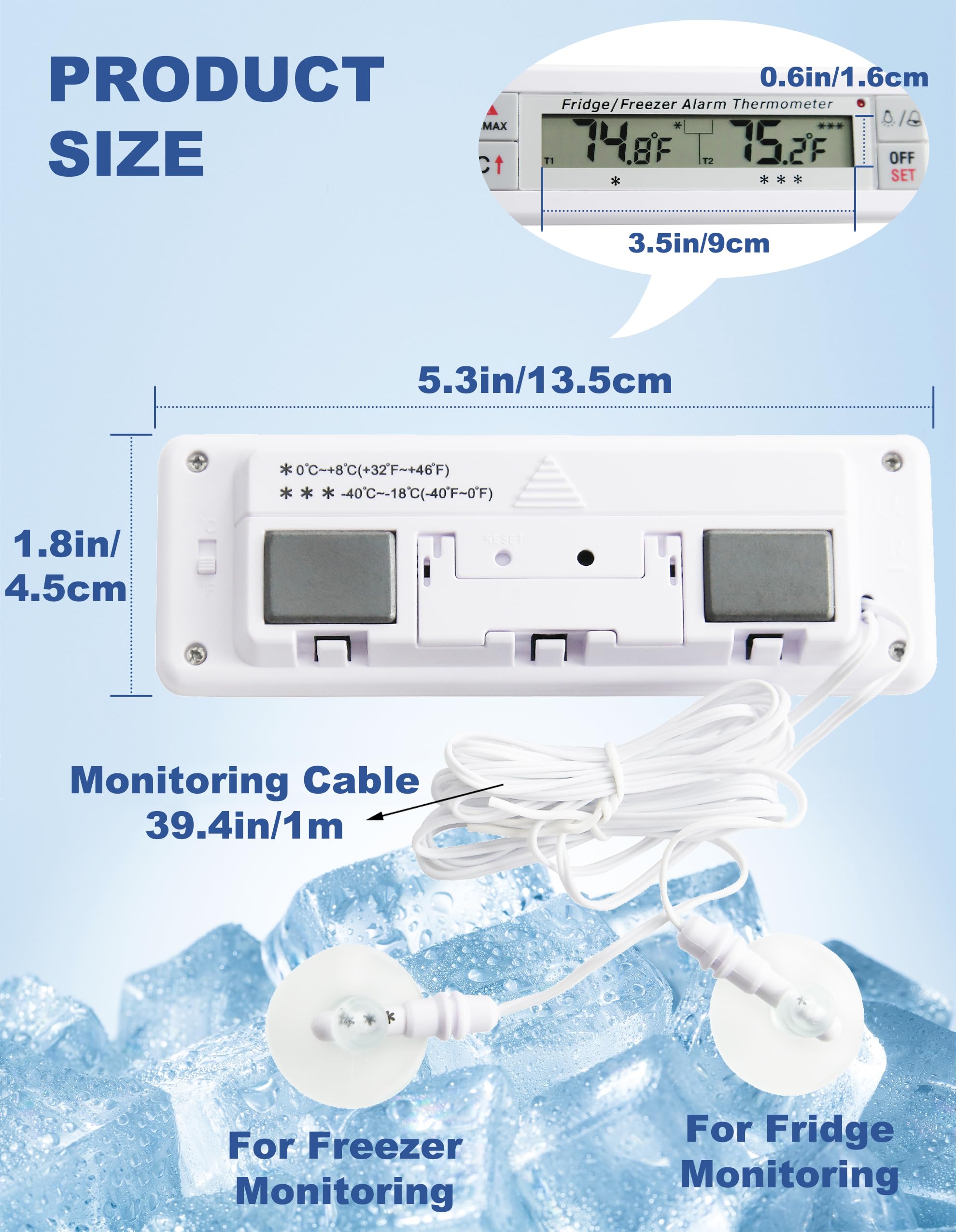 Frigorifero/Congelatore Allarme Termometro 2 Canali Frigorifero Termometro con Indicatore di Allarme LED Memoria Max/Min per Casa Cucina Ristoranti Bar Caffè