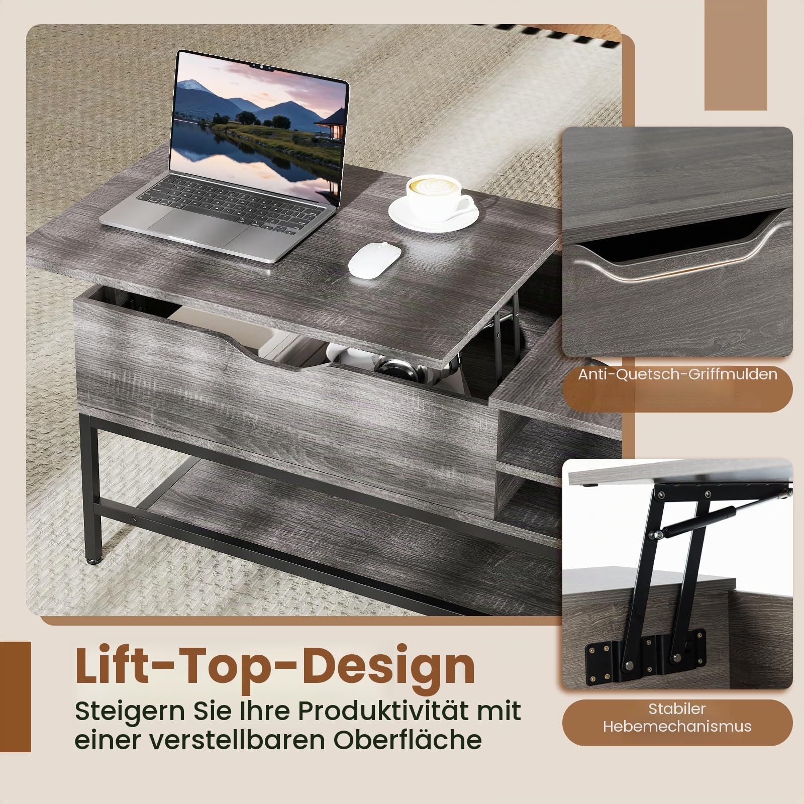 COSTWAY Couchtisch höhenverstellbar, Wohnzimmertisch mit offenem Fach und Ablagefach, Kaffeetisch, Sofatisch, Beistelltisch für Wohnzimmer, 99,5 x 49,5 x 47,5 cm (Grau)