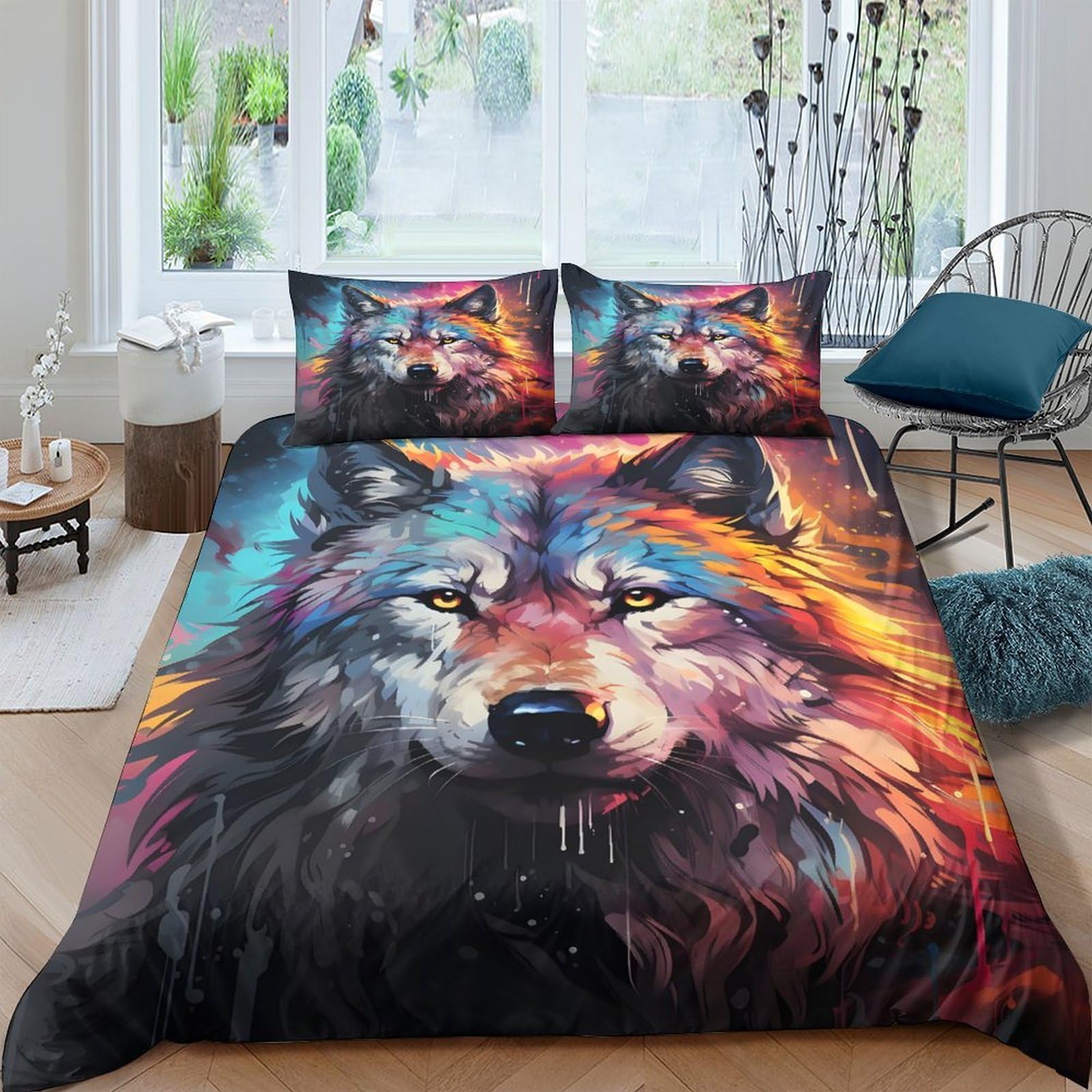 Ctjqhvkz Style-5 3D Printed Colorful Wolf Fitted Sheet Microfiber Soft Breathable Abstract Animal Mattress Cover For Bedroom Decor Single（135X200cm）