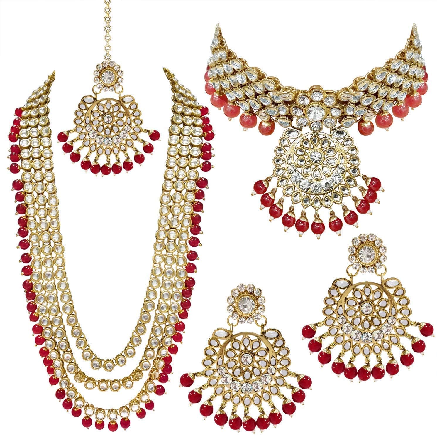 I Jewels Traditional 18K Gold Plated Kundan & Pearl Studded Bridal Choker Necklace Jewellery Set With Earrings & Maang Tikka for Women(IJ325-1)