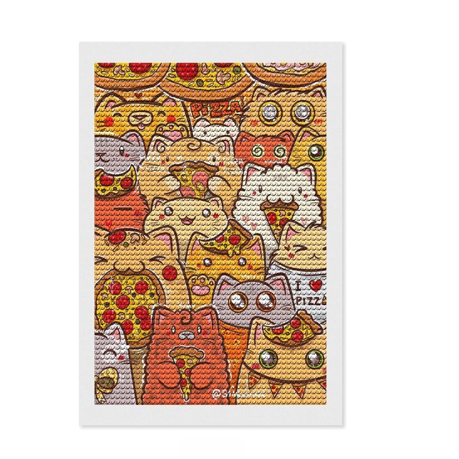 Junmoney Bunch of Pizza Cats Diamond Painting Set 8"x12", Stress Relief Craft, Finish and Display, Boho Decor, for Women, Sparkling Round Gems
