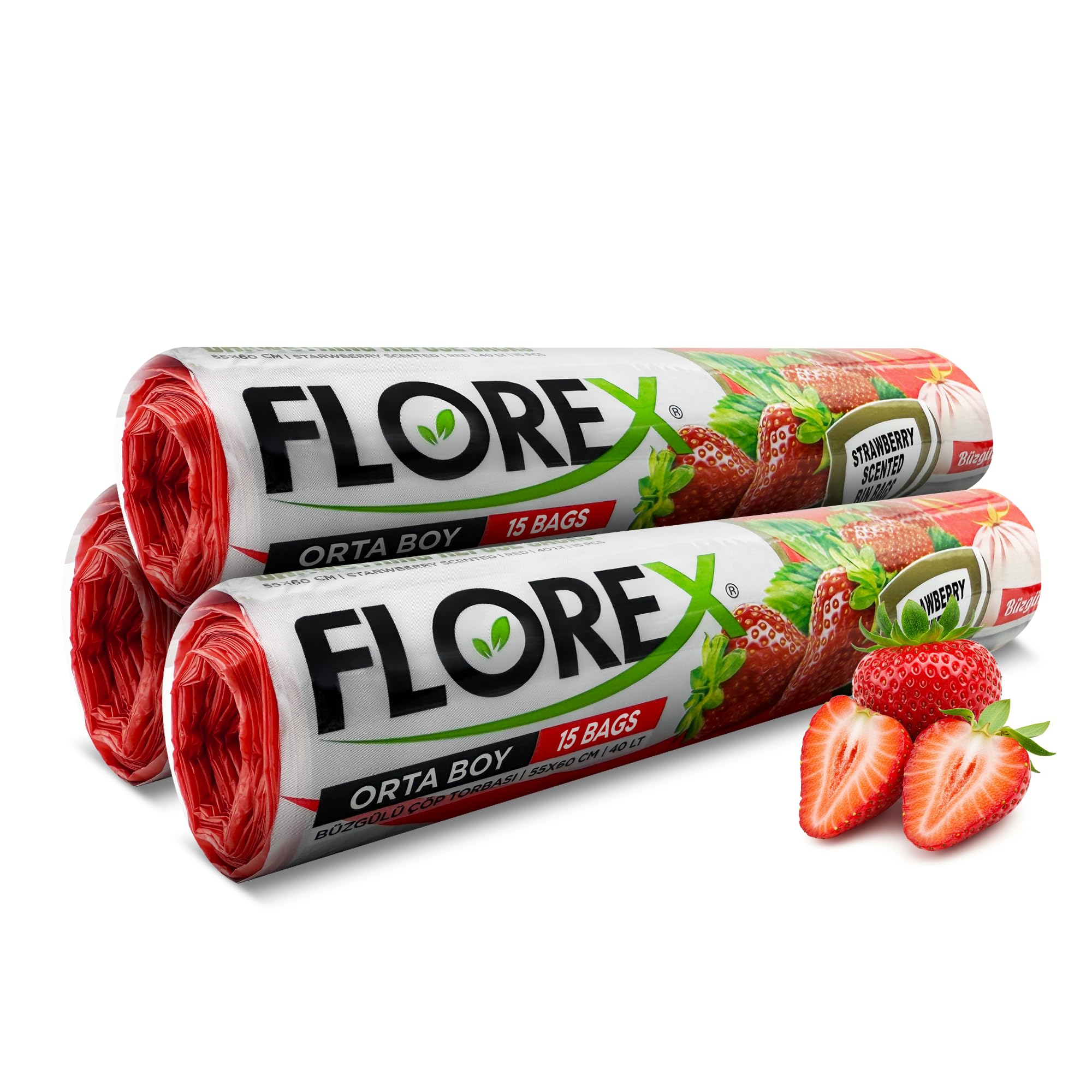Florex 40 Litre bin bags with Drawstring, Strawberry Scented Bin Liners 3 Rolls (45 Bags) 55 x 60 cm for Home, Bathroom & Office - Kitchen Bin Bags