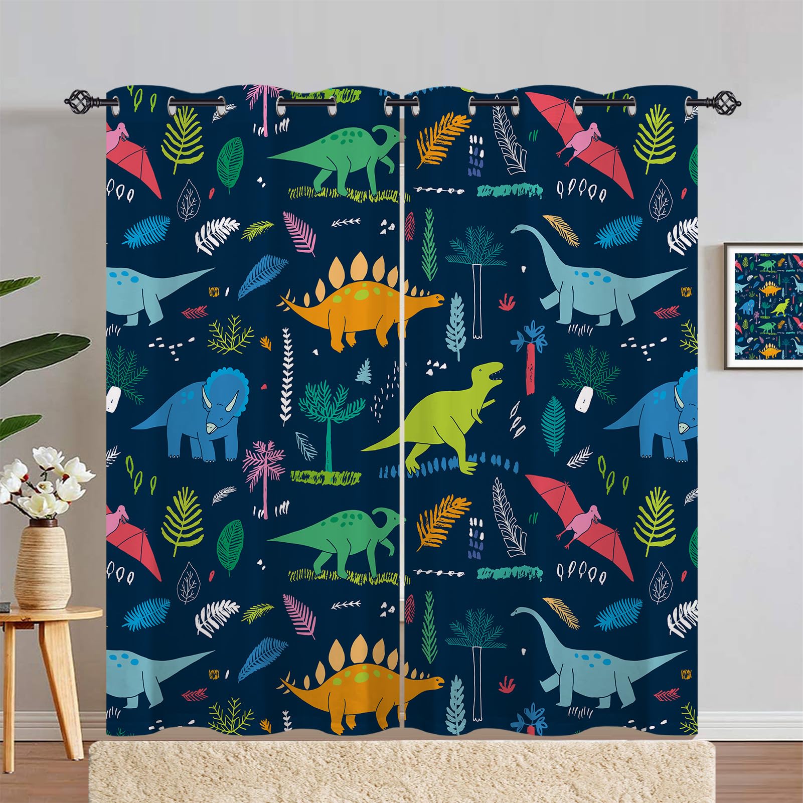 ANHOPE Dinosaur Curtains Eyelet 80% Blackout Room Darkening Curtains with Jungle Animal Dino Print Pattern Thermal Insulated Window Drapes for Kids Boys Bedroom Living Room 55 x 72 Inch Drop 2 Panels