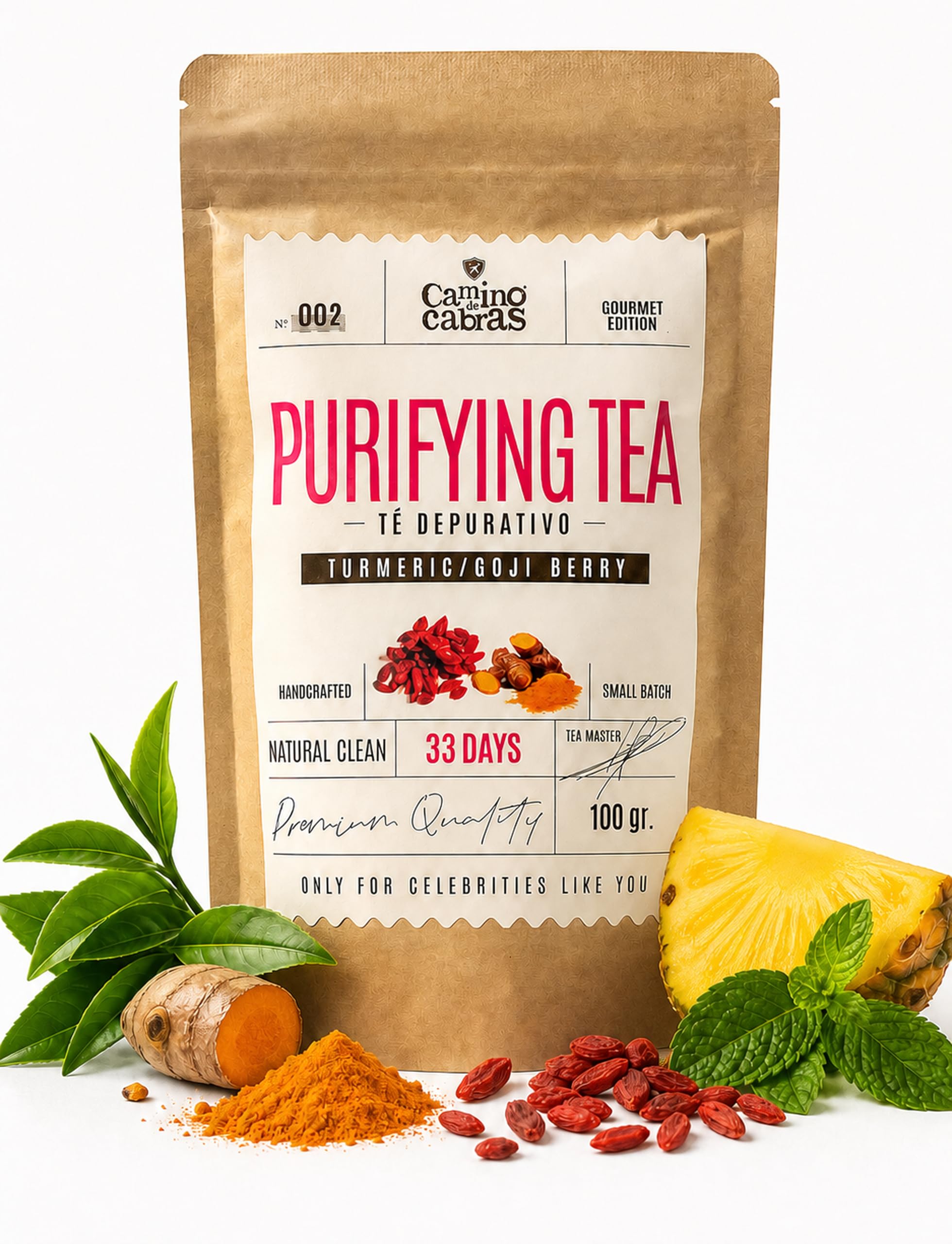 DETOX | Té Depurativo | Infusión drenante con efecto diuretico | Te Verde, Cola de Caballo, Diente de León, Curcuma, Jengibre, Bayas de Goji, Piña | Antioxidante Natural 100g