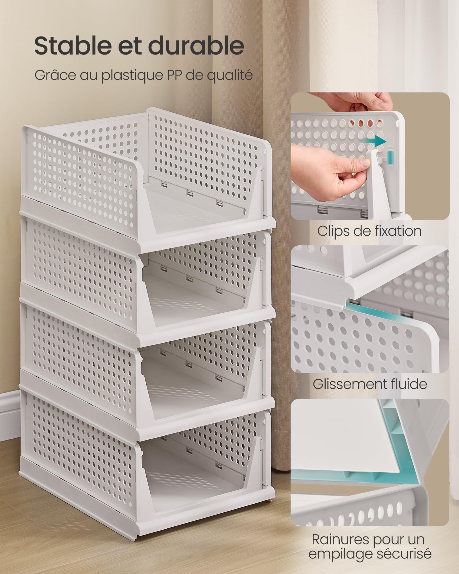 SONGMICS Organisateur d’Armoire Pliable, Lot de 6, Tiroir Coulissant Empilable, Panier, Étagère de Rangement, en Plastique, pour Chambre, Bureau, Salle de Bain, Blanc LPC600WZ01