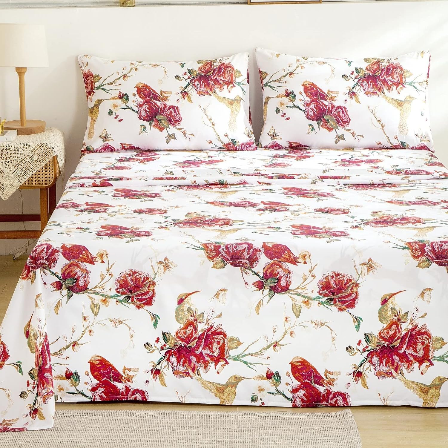 Tache Floral Hummingbirds Burgundy Ivory Antique Vintage Farmhouse Spring Country Rustic Microfiber Rose Garden Sheet Set Twin