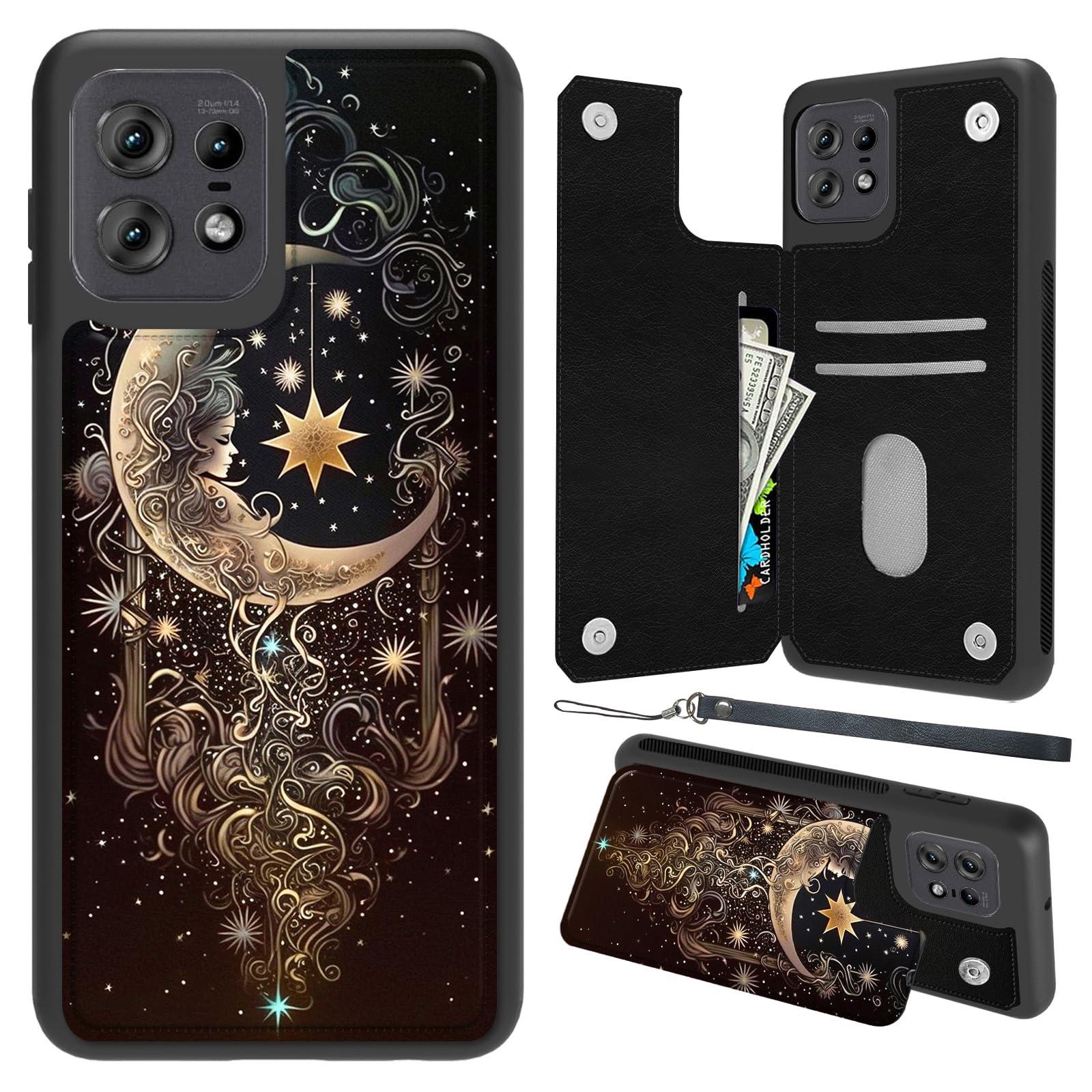 for Motorola Moto G 5G 2024 Wallet Case, PU Leather Flip Phone Cover with Card Slots, Kickstand, Wrist Strap, RFID Blocking, Magnetic Closure, Shockproof Case for Men Women, Moon Girl