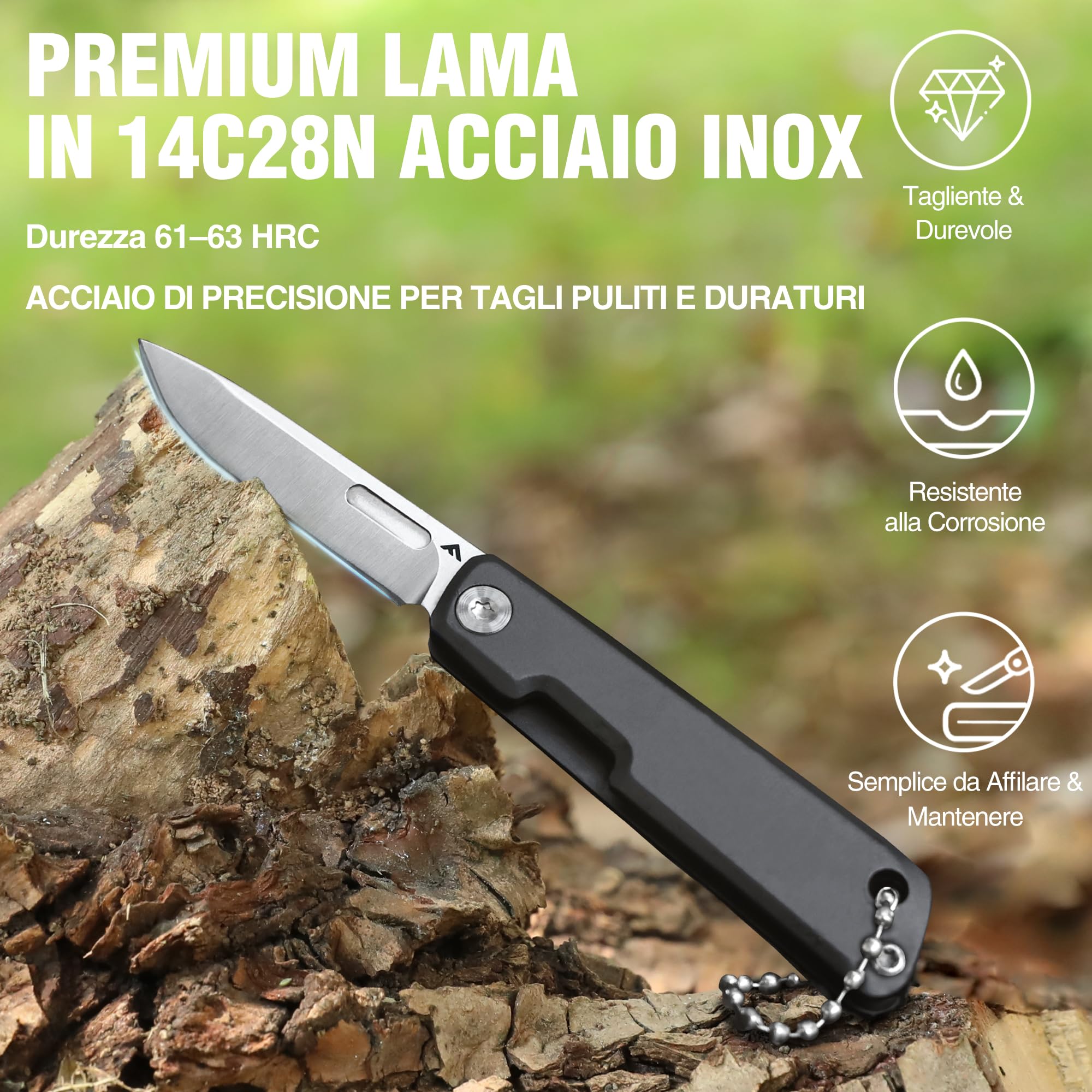 FLISSA Mini Coltello EDC, Lama Affilata in Acciaio 14C28N, Finitura CNC, Manico in Alluminio, Compatto e Portatile per Attività Quotidiane e Outdoor, Grigio