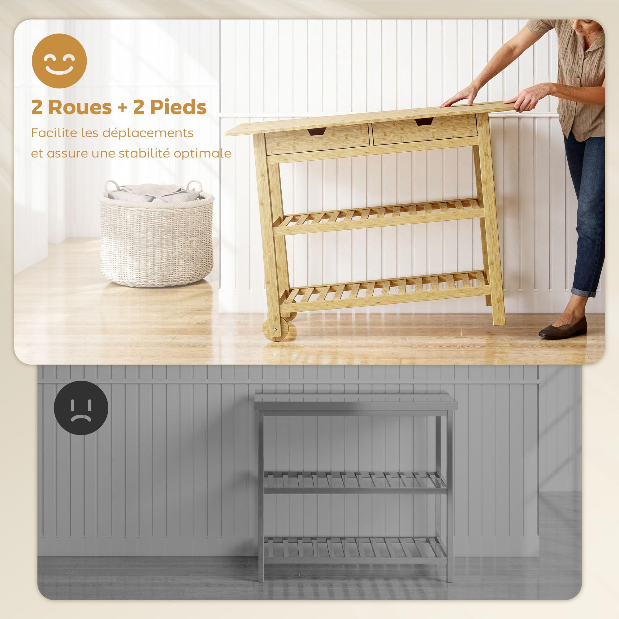 HOMCOM Desserte de Cuisine à roulettes en Bambou, Chariot de Rangement avec 2 tiroirs, 2 étagères à Lattes et Plan de Travail, Chariot de Cuisine et Salle à Manger, 100 x 43 x 75 cm, Bois Naturel