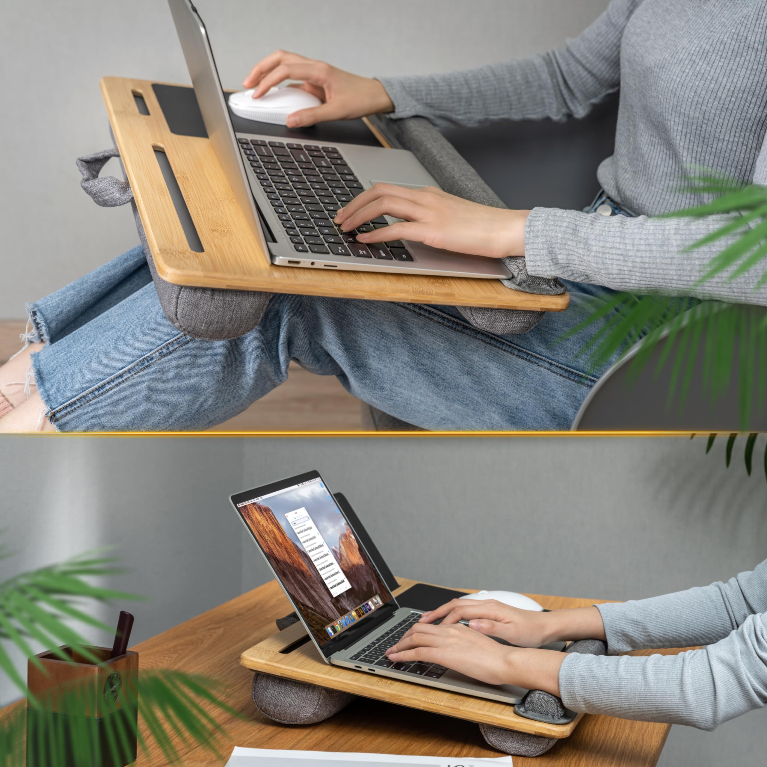 RICOO Coussin pour Ordinateur Portable avec Tapis de Souris et Repose-Poignets LA0035 Support Laptop Plateau de Genoux Aspect Bois Accessoires pour Notebook
