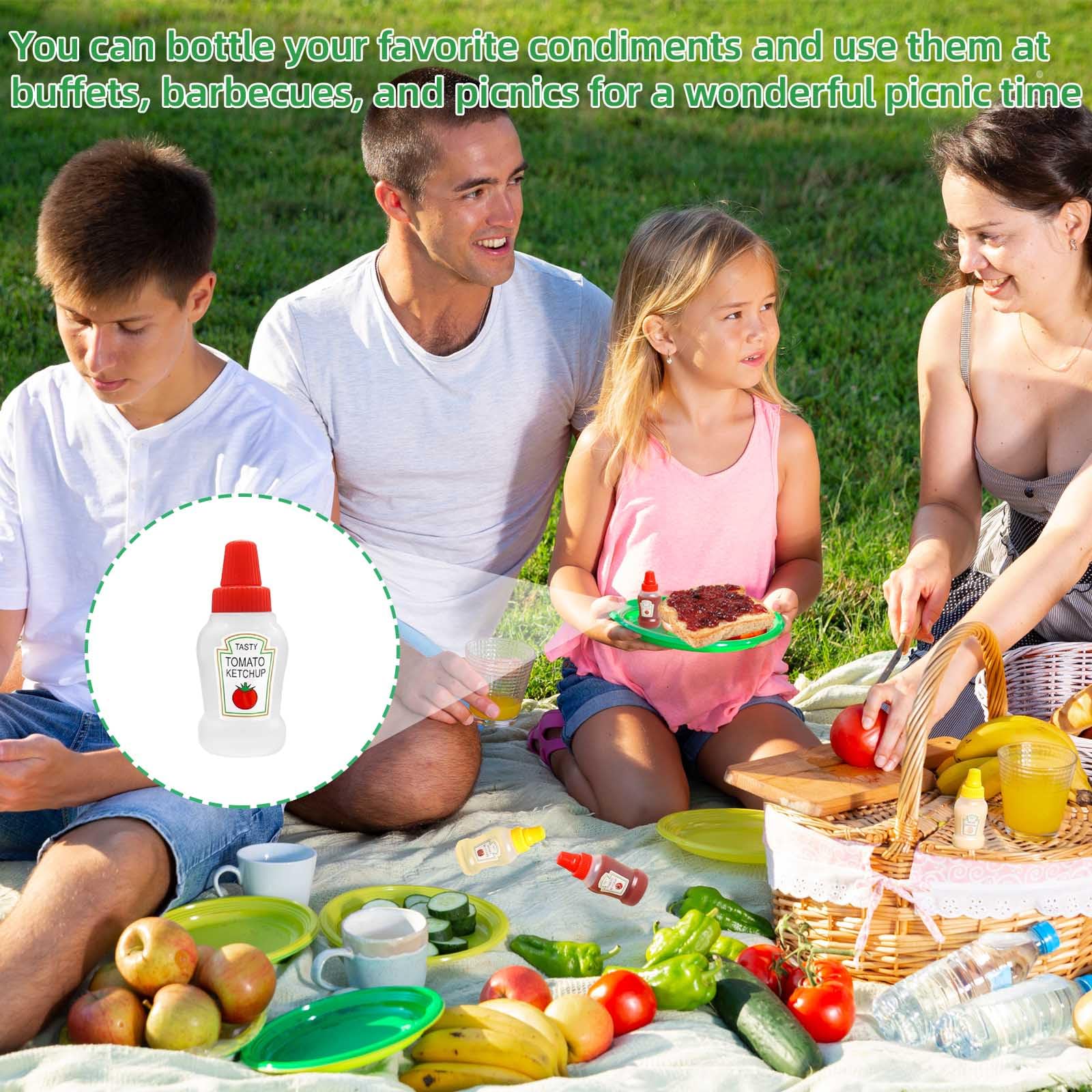 Botellas dispensadoras de condimentos, Set de 7 Botellas de plástico para Salsas, 4 x 25 ml y 3 x 10 ml con Mini Embudo, Tapas Rojas y Amarillas, portátiles para Picnic Oficina Almuerzo