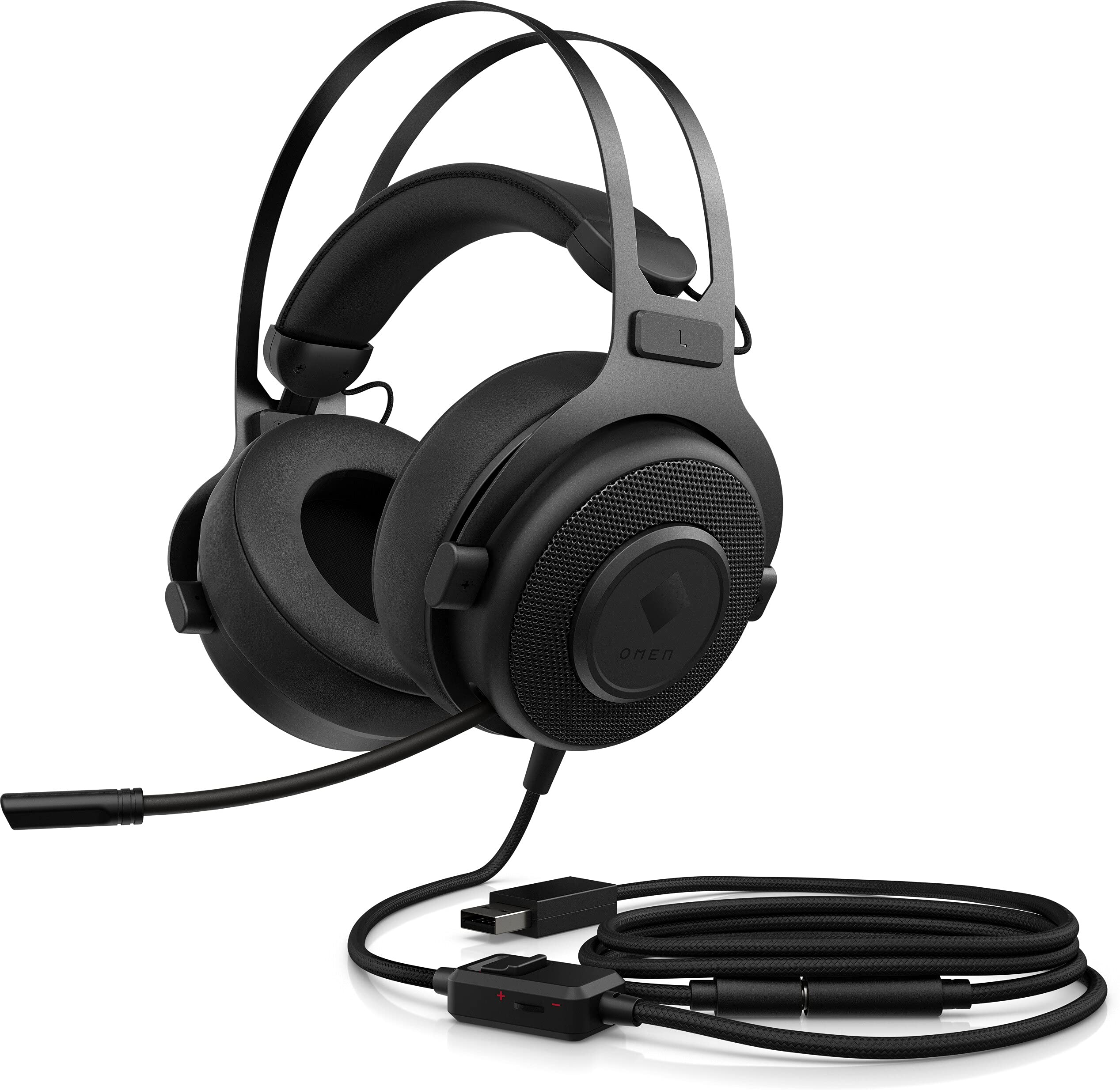 HP - Gaming OMEN Blast Casque avec câble USB, Audio Surround 7.1, Arceau Suspendu, Coussinets rembourrés, Microphone rétractable, Commandes en Ligne, compatibilité PC et Console Noir 1A858AAABB