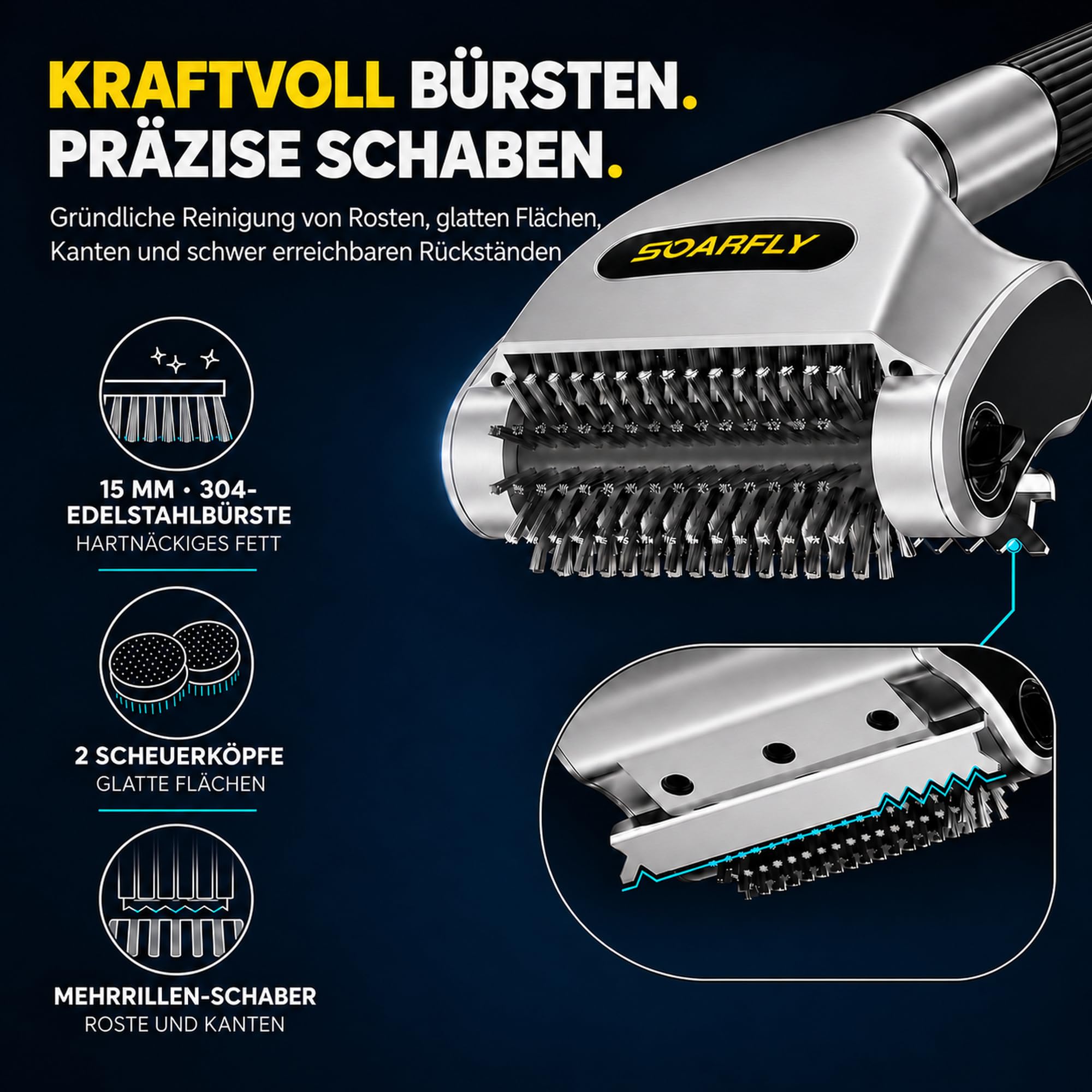 SOARFLY Elektrische Grillbürste, Grillbürste mit Einer Laufzeit von 210 Min bei 800 U/min, 20 kg Drehmoment & Zwei LED-Leuchten, Elektrische Reinigungsbürste für Männer und Grillfans