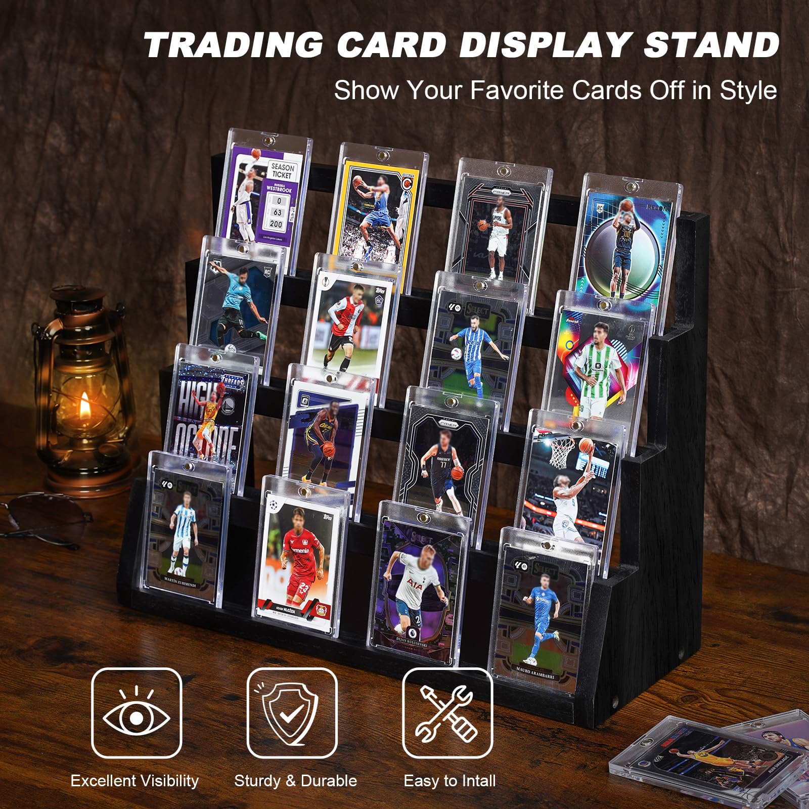 Emfogoo Card Display Stand, 4-Tier Trading Card Display Stand, Wooden Graded Baseball Football Sports Card Display, Trading Card Display Case for Card Collection & Show (Black) - BigaMart Emfogoo Card Display Stand, 4-Tier Trading Card Display Stand, Wooden Graded Baseball Football Sports Card Display, Trading Card Display Case for Card Collection & Show (Black) - BigaMart