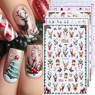 Christmas Nail Stickers for Nail Art Deer Nail Decals 5PCS Xmas Tree Bell Candy Cane Snowman Reindeer Nail Art Design Self-Adhesive Holiday Nail Art Supplies for Women DIY Nail Decorations Accessories