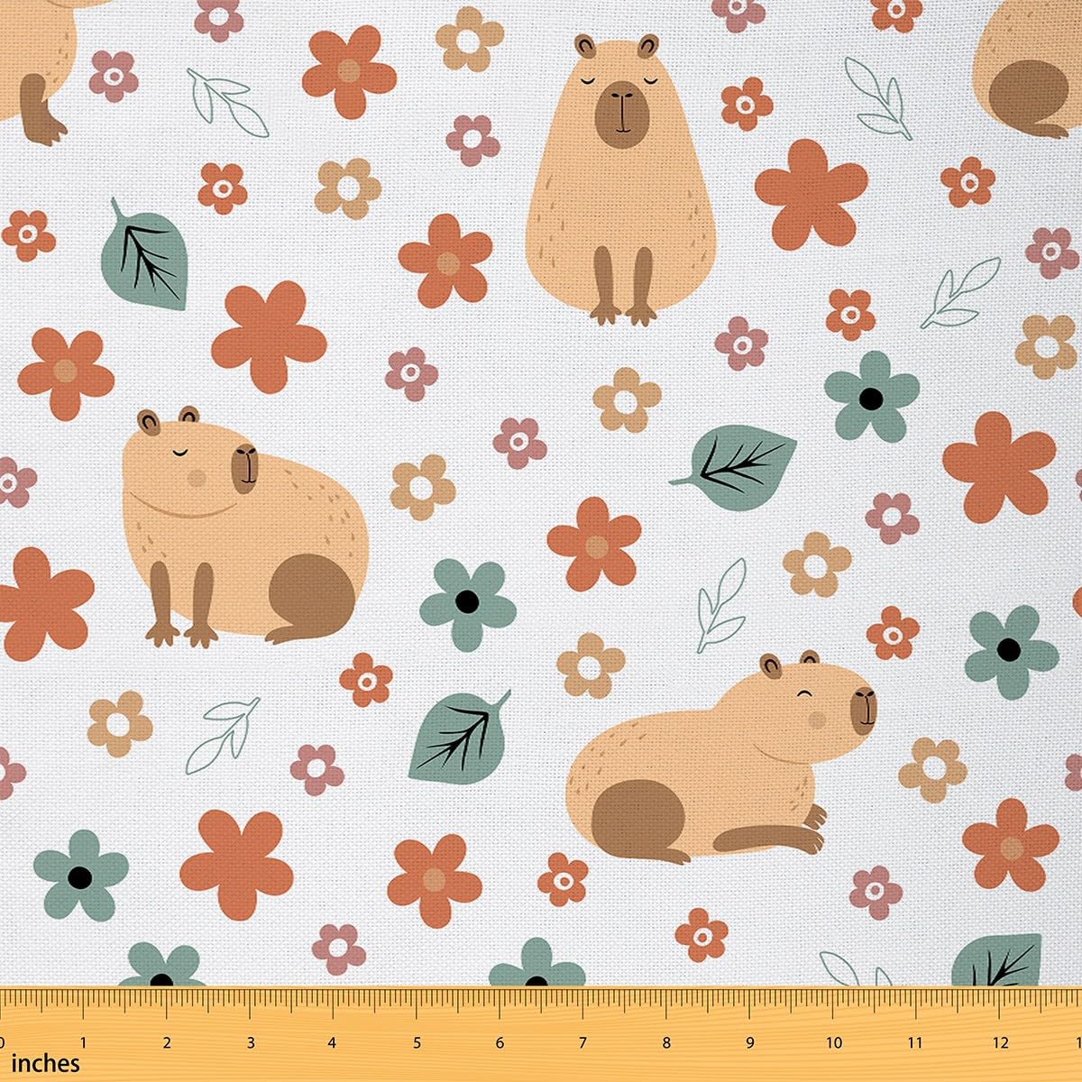 Cute Capybara Fabric by The Yard,Cartoon Capybaras Fabric,Rustic Daisy Leaves Fabric for Quilting Sewing DIY Craft,1 Yard