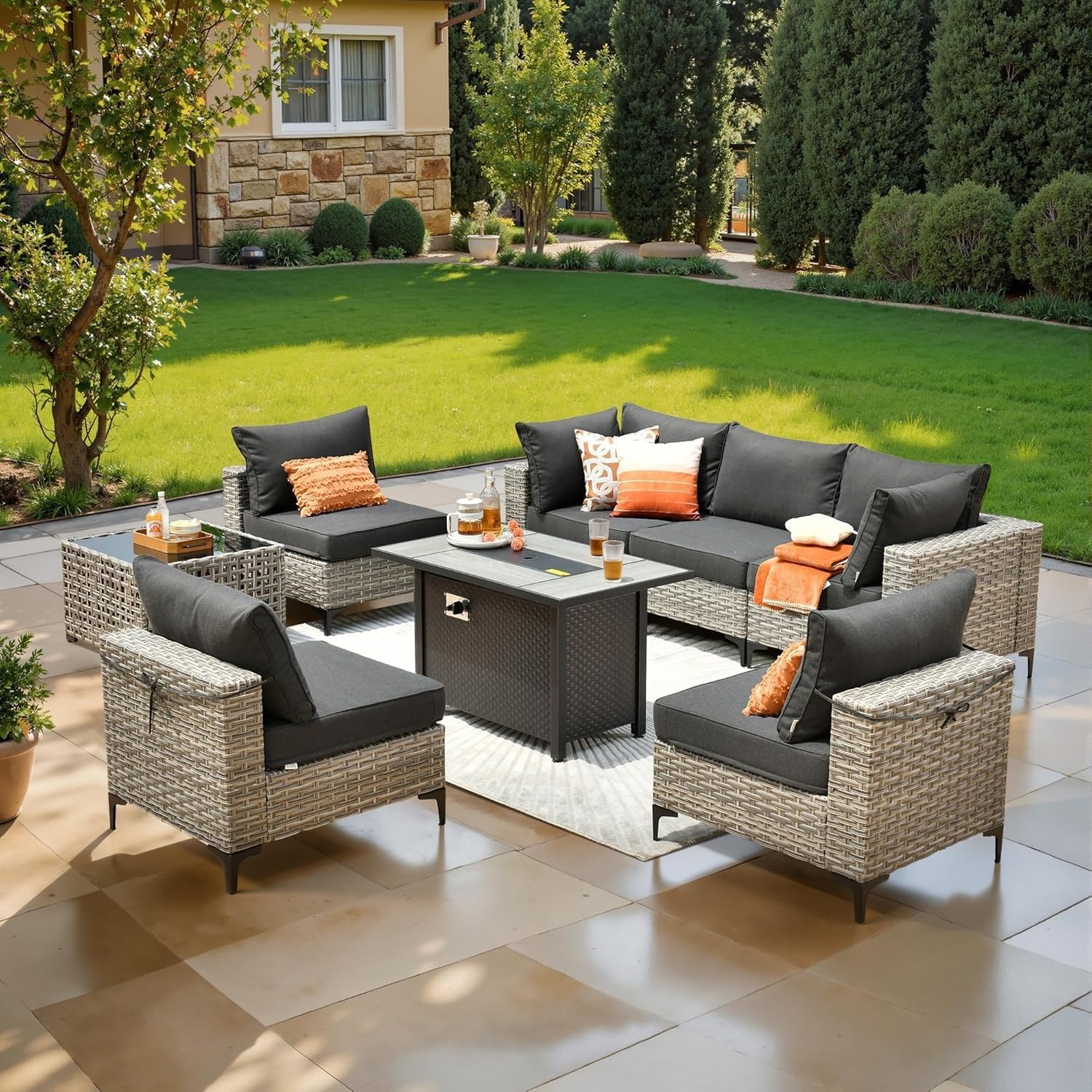 8 Pcs Patio Furniture with Fire Pit Table Outdoor Rattan Wicker Conversation Sets with Glowing Coffee Table Comfy Sectional Sofa for Porch Balcony Backyard Pool(Black)