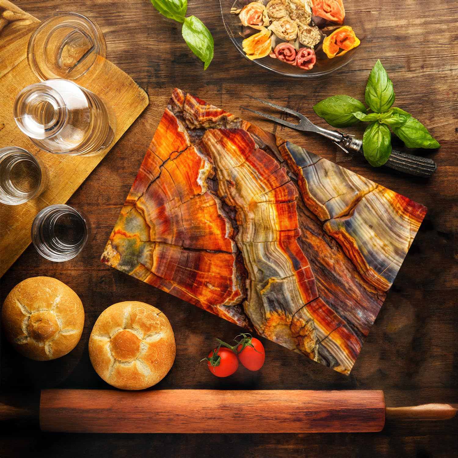 Planche à découper en verre d'agate pétrifiée en grain de bois - Cadeau décoratif - Pierre de granit marbrée - Cadeau pour sa maman et épouse