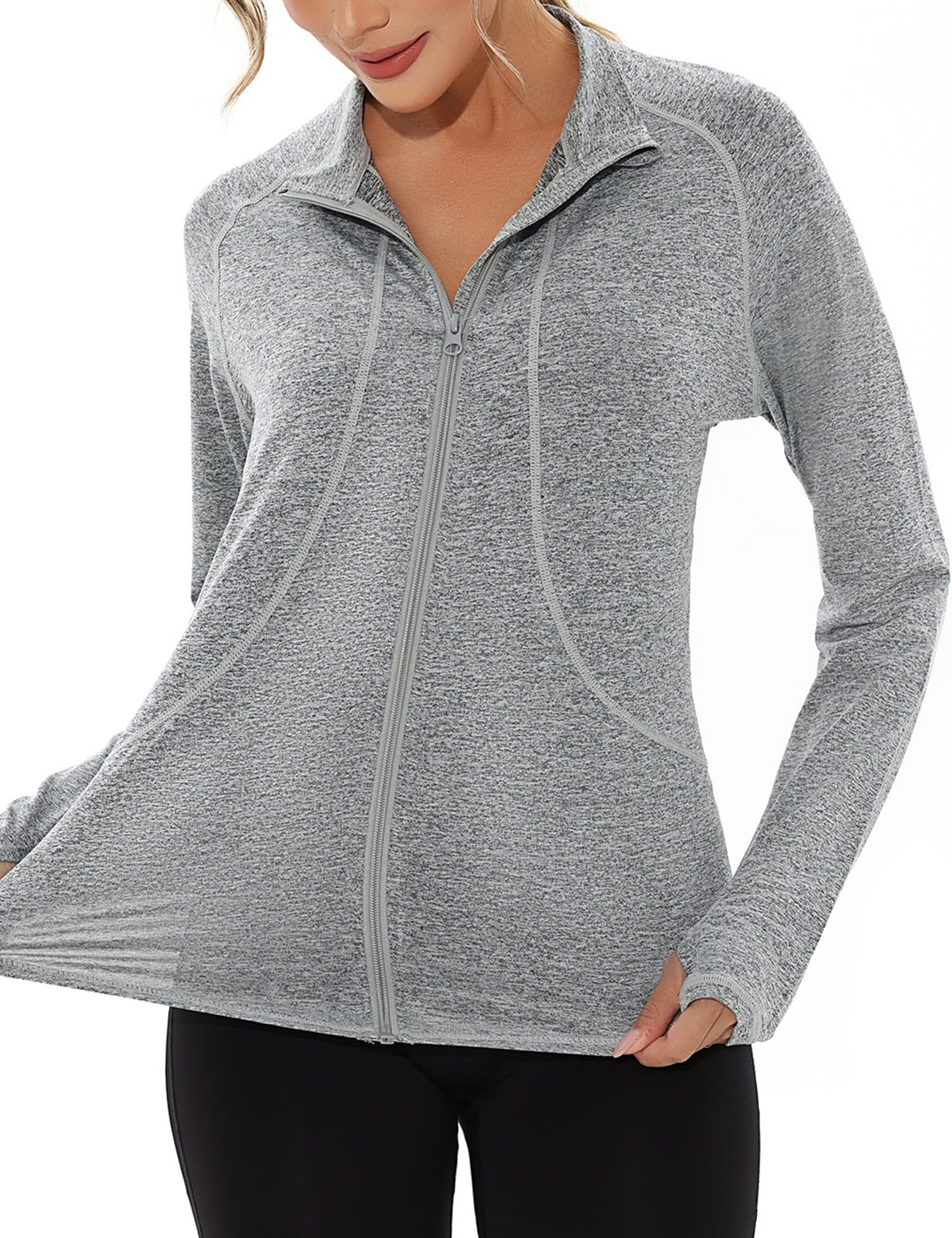 Gyabnw Veste de Sport pour Femme avec Trous de Pouce Veste Légère Course Randonnée Athlétique à Manches Longues et Design Zip pour l’Exercice et GYM