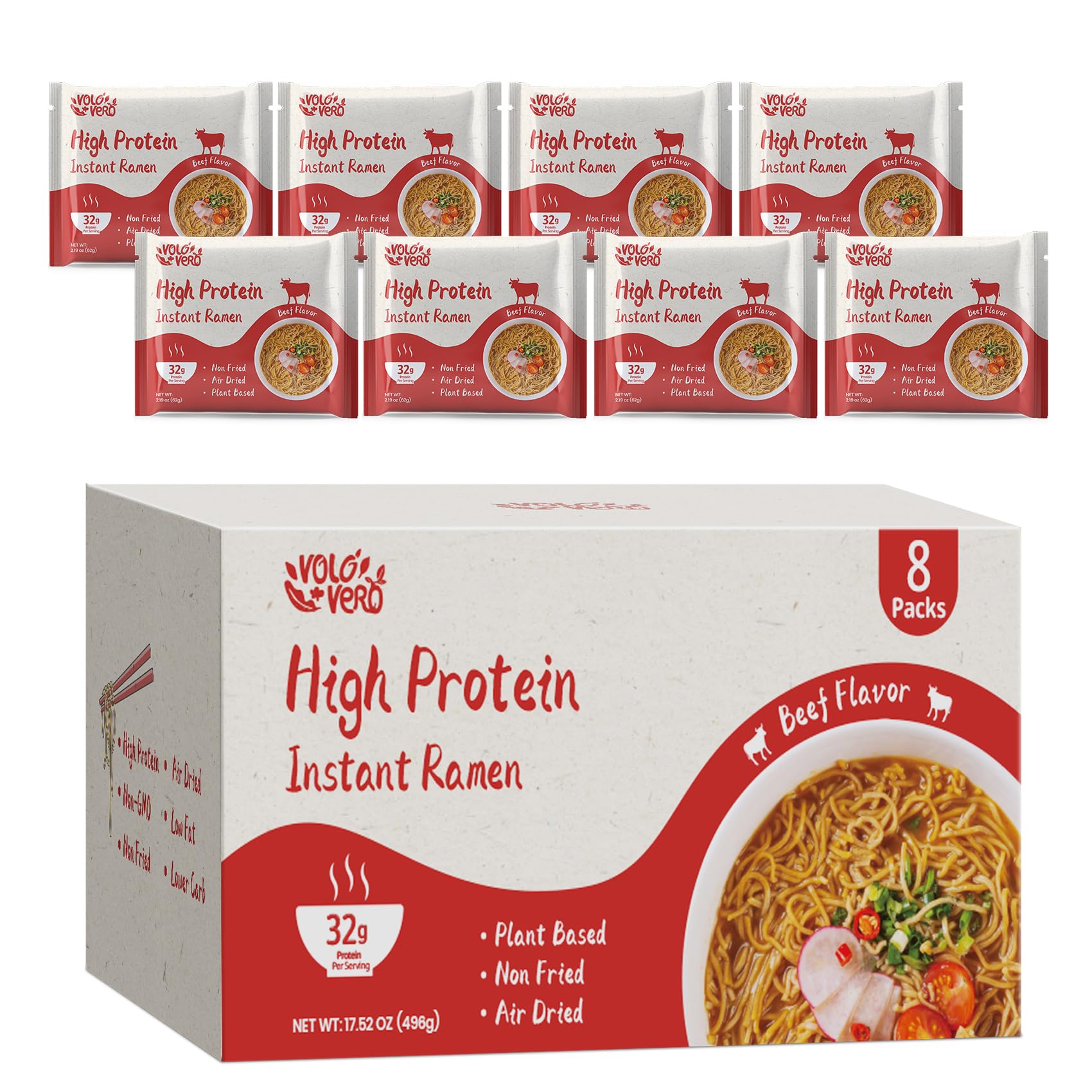 VOLO VERO High Protein (32g) Instant Ramen Noodles “Spicy Beef” Flavor Soup, 8 Pack, Plant-Based, Low Carb, Air-Dried, Non-Fried, Egg-Free, Ready to