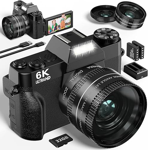 Cámara digital 6K para fotografía - Cámaras WiFi de 64MP para vlogging para YouTube con pantalla abatible de 3 pulgadas de 180°, zoom digital 16X