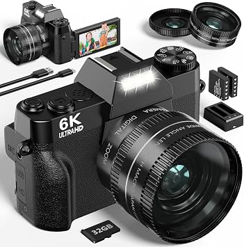 6K Digital Camera for Photography - WiFi 64MP Vlogging Cameras for YouTube with 3" 180  Flip Screen, 16X Digital Zoom Autofocus Vlog Travel Camara with 32GB SD Card, 2 Batteries and Double Charger