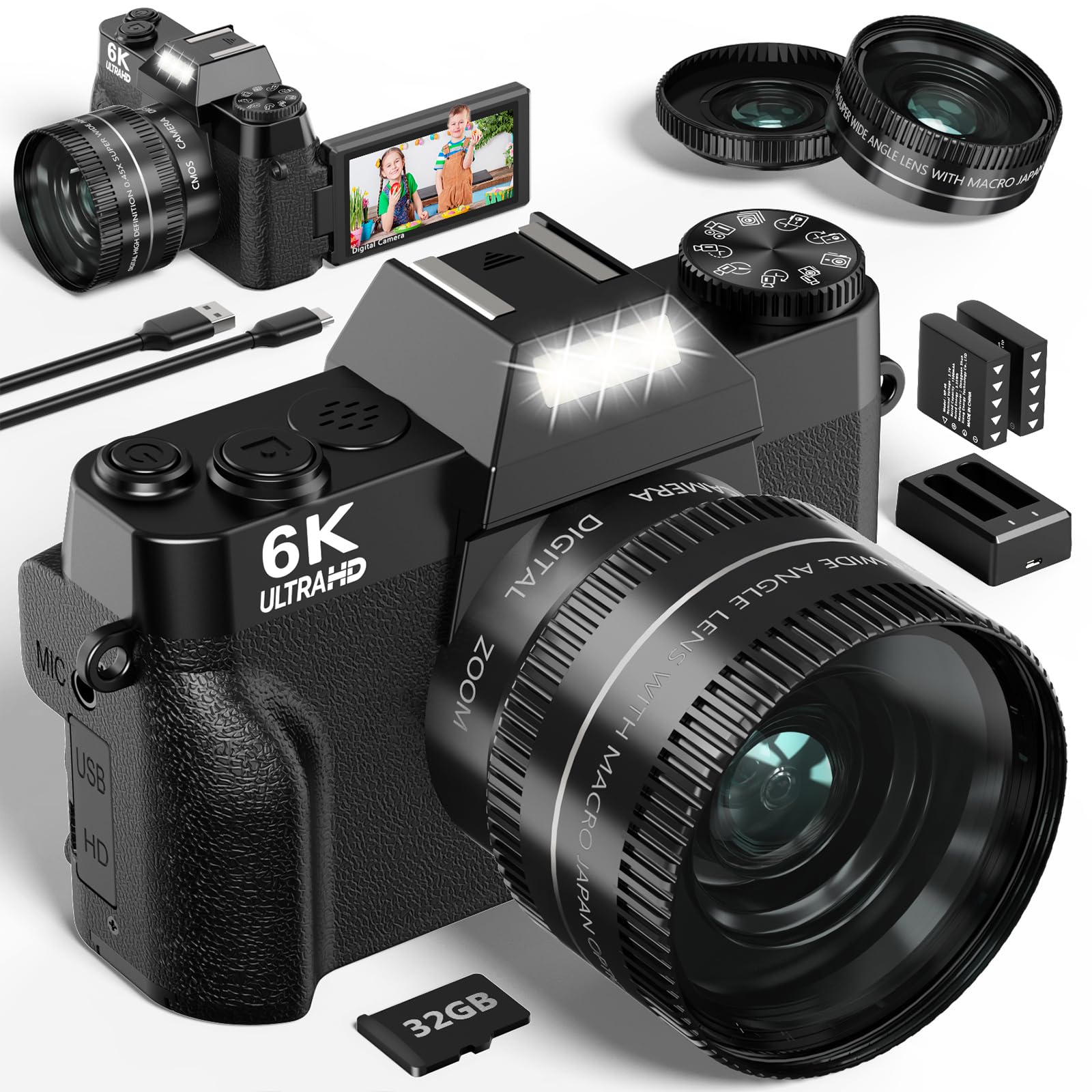 Digitale camera 4K 64MP fotocamera fototoestel dubbele camera met autofocus, flits, 16x zoom, anti-shake, 32 GB kaart, compacte vlogging camera voor kinderen en jongeren, volwassenen, beginners(Wit