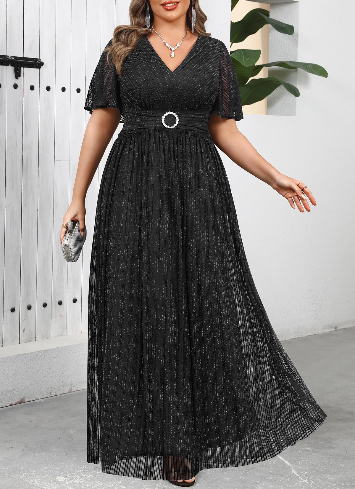 Talisea Plus Size Formal Dresses - Wedding Guest Evening Gown Sparkly Sequin Prom Gala Ball Maxi Dress with Short Sleeves