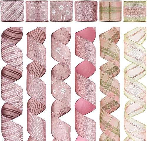 HUIHUANG Cinta rosa para árbol de Navidad, cinta de Navidad con cable, color rosa polvoriento, para árbol de Navidad, corona, guirnalda, lazos,