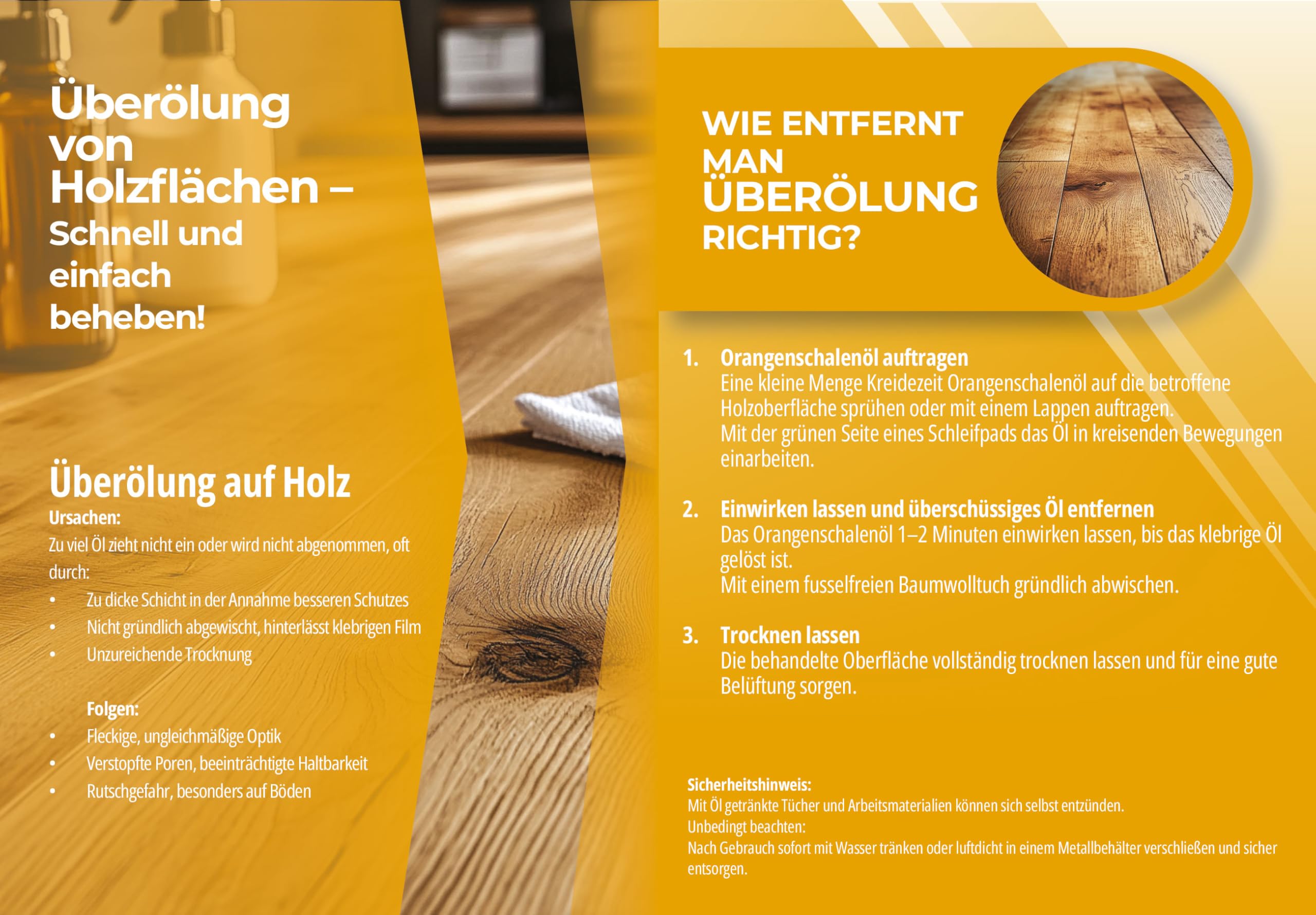 Orangenschalenöl Set - Natürliches Lösungsmittel gegen Überölung | Inkl. Ölsaugtücher & Schleifpad | Für Holzpflege, Reinigung & Verdünnung (0,5 L + 2 Ölsaugtücher)